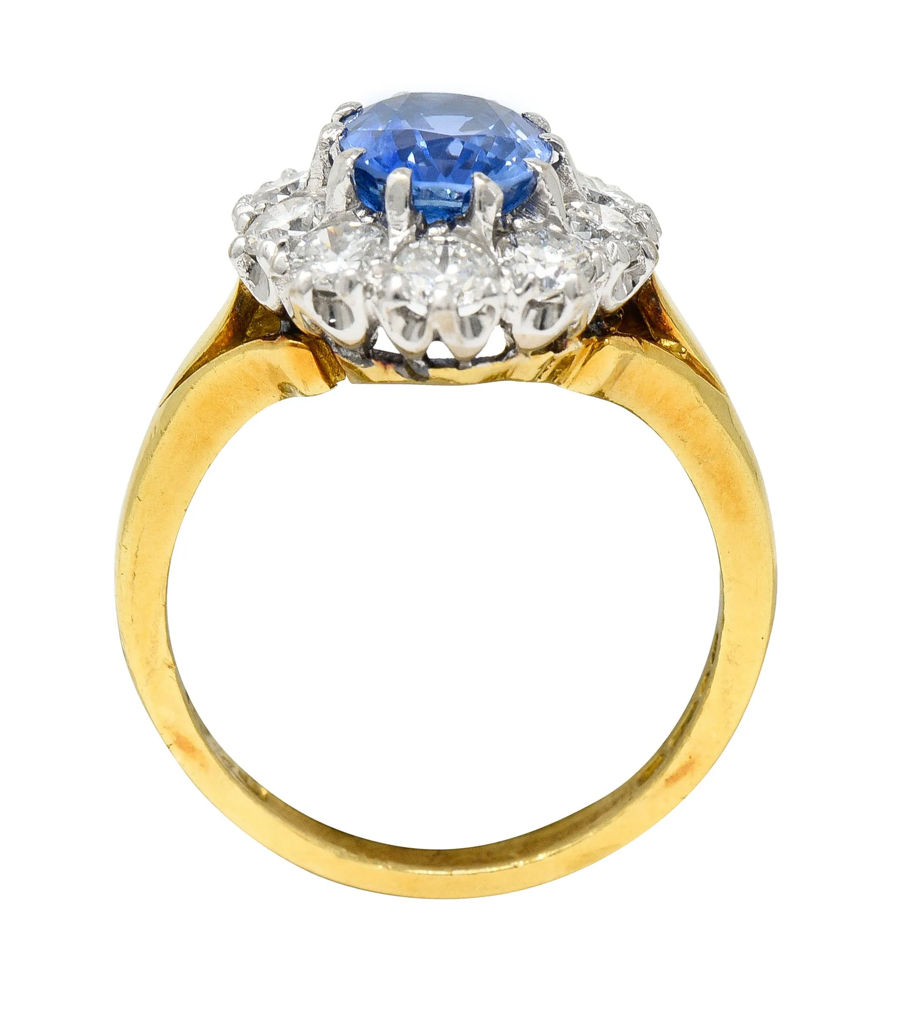 1980's 3.05 CTW Oval Cut No Heat Ceylon Sapphire Diamond 18 Karat Two-Tone Gold Vintage Halo Ring GIA
