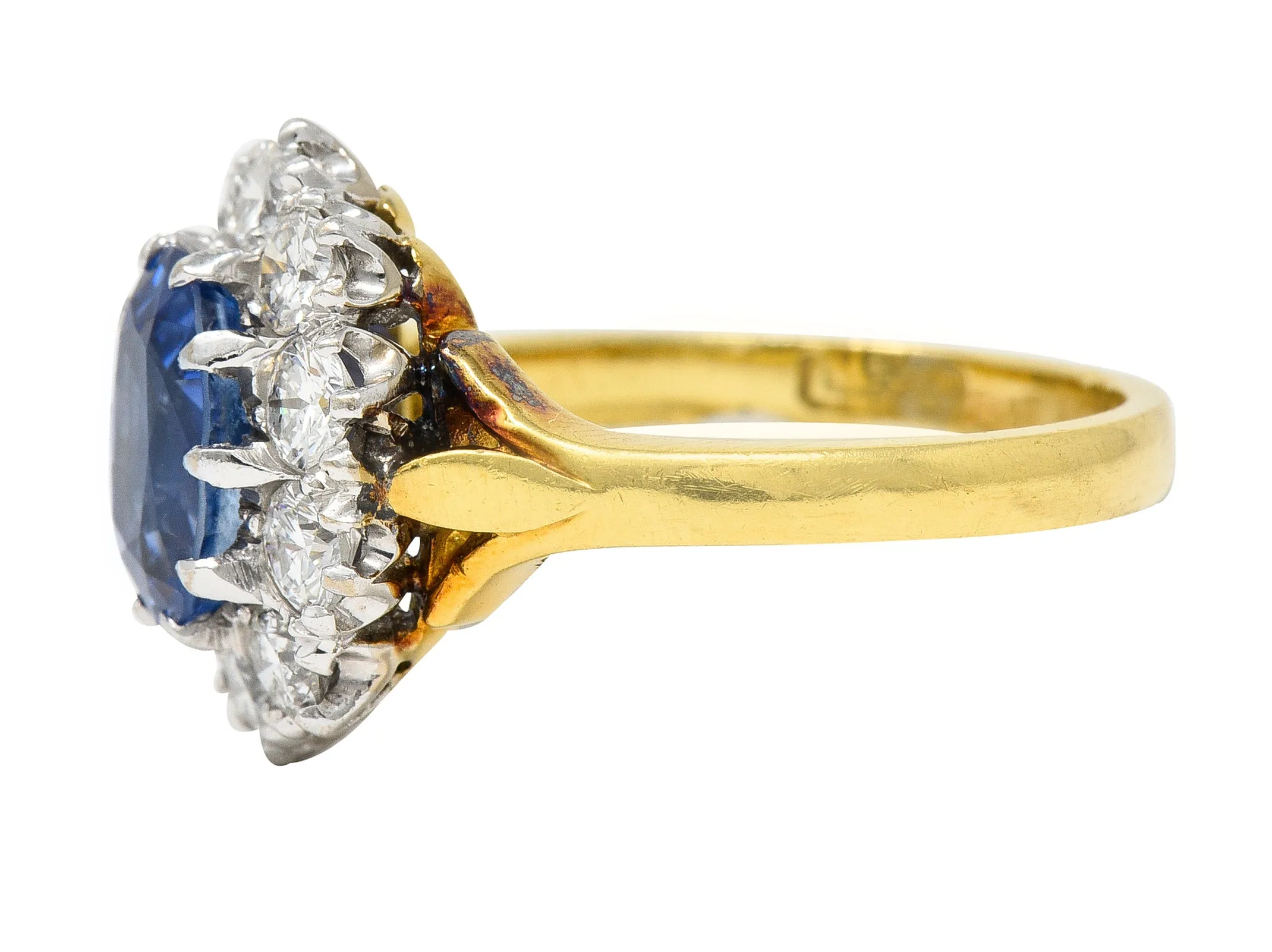 1980's 3.05 CTW Oval Cut No Heat Ceylon Sapphire Diamond 18 Karat Two-Tone Gold Vintage Halo Ring GIA