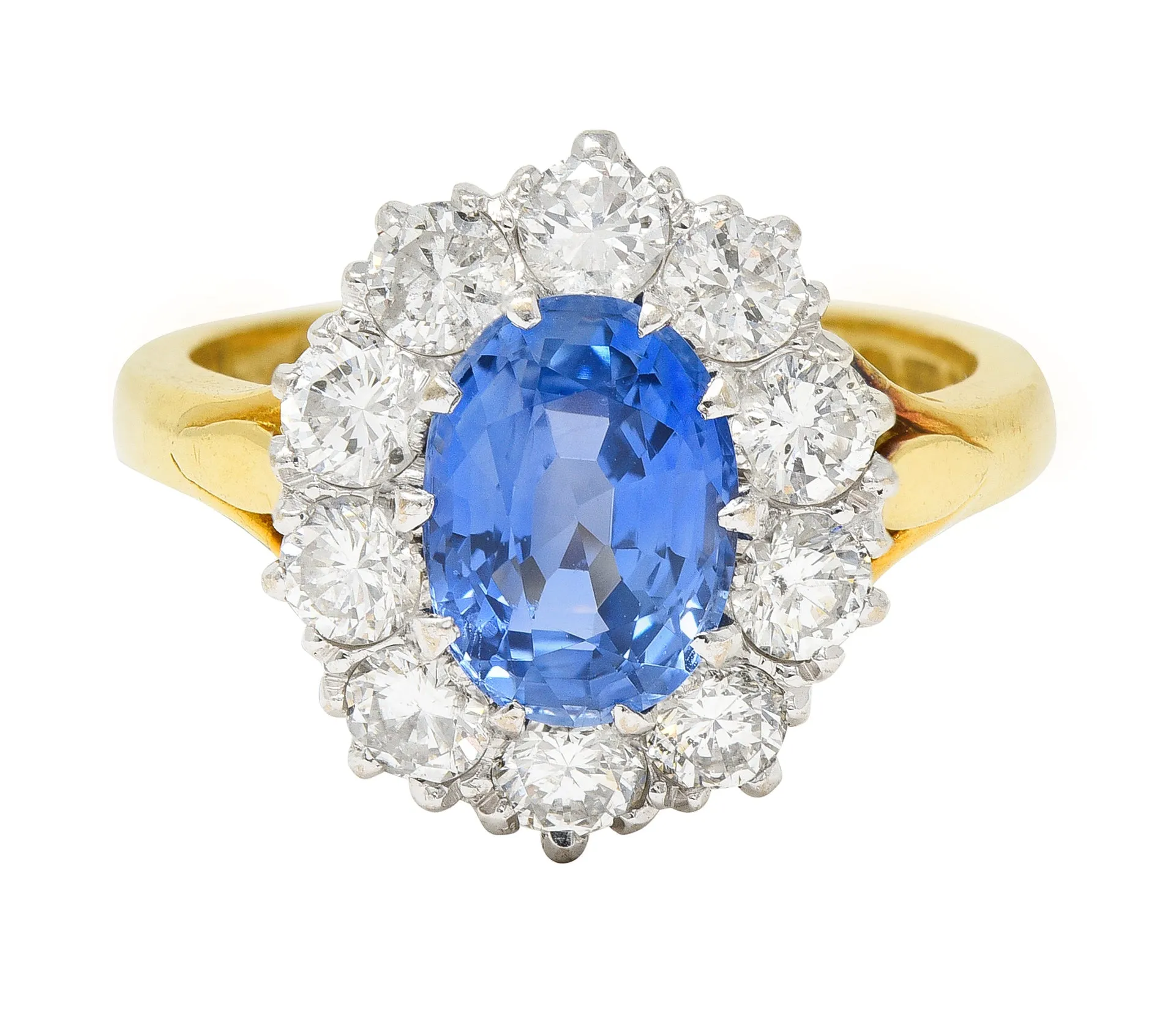 1980's 3.05 CTW Oval Cut No Heat Ceylon Sapphire Diamond 18 Karat Two-Tone Gold Vintage Halo Ring GIA