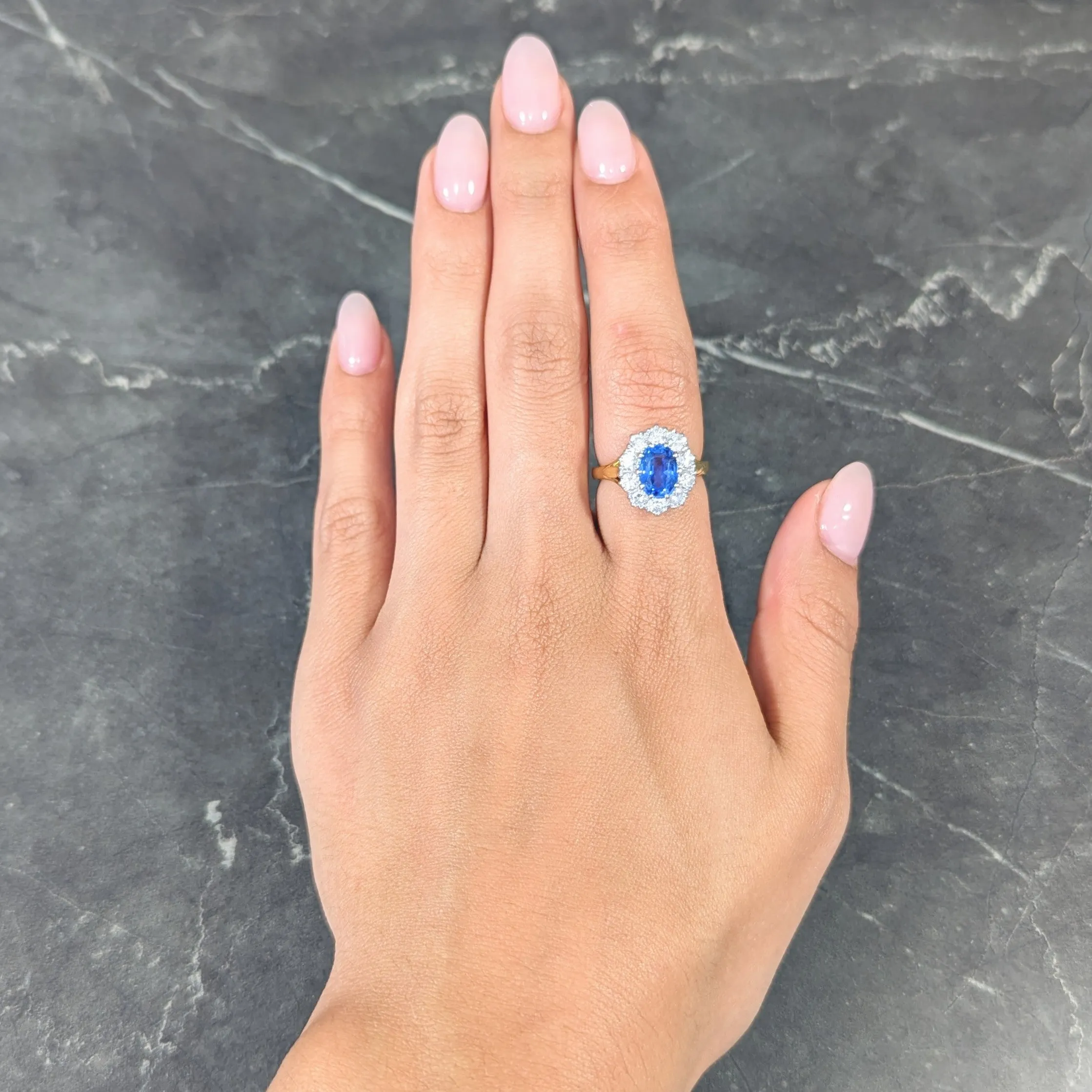 1980's 3.05 CTW Oval Cut No Heat Ceylon Sapphire Diamond 18 Karat Two-Tone Gold Vintage Halo Ring GIA