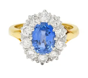 1980's 3.05 CTW Oval Cut No Heat Ceylon Sapphire Diamond 18 Karat Two-Tone Gold Vintage Halo Ring GIA