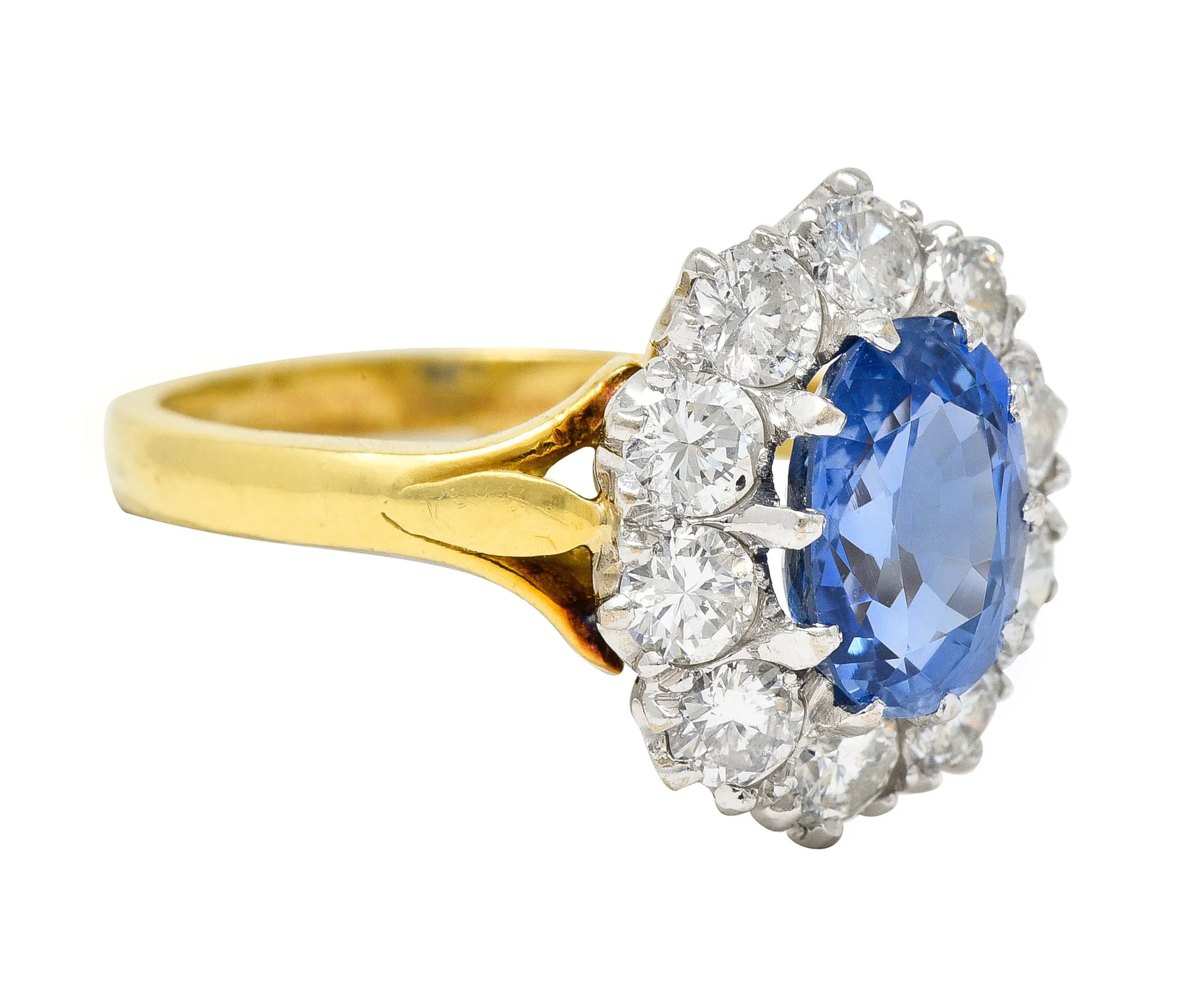 1980's 3.05 CTW Oval Cut No Heat Ceylon Sapphire Diamond 18 Karat Two-Tone Gold Vintage Halo Ring GIA