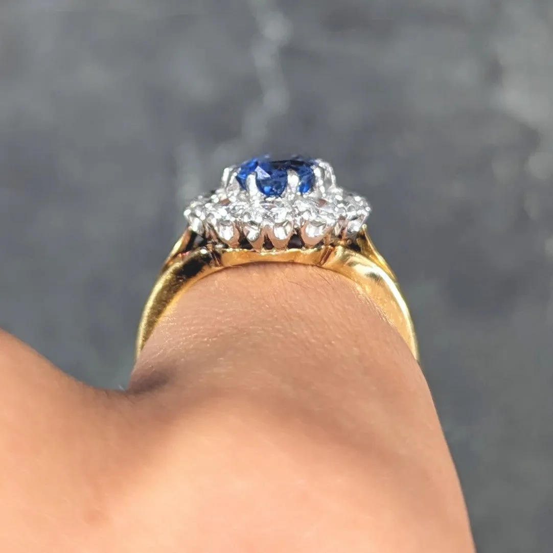 1980's 3.05 CTW Oval Cut No Heat Ceylon Sapphire Diamond 18 Karat Two-Tone Gold Vintage Halo Ring GIA