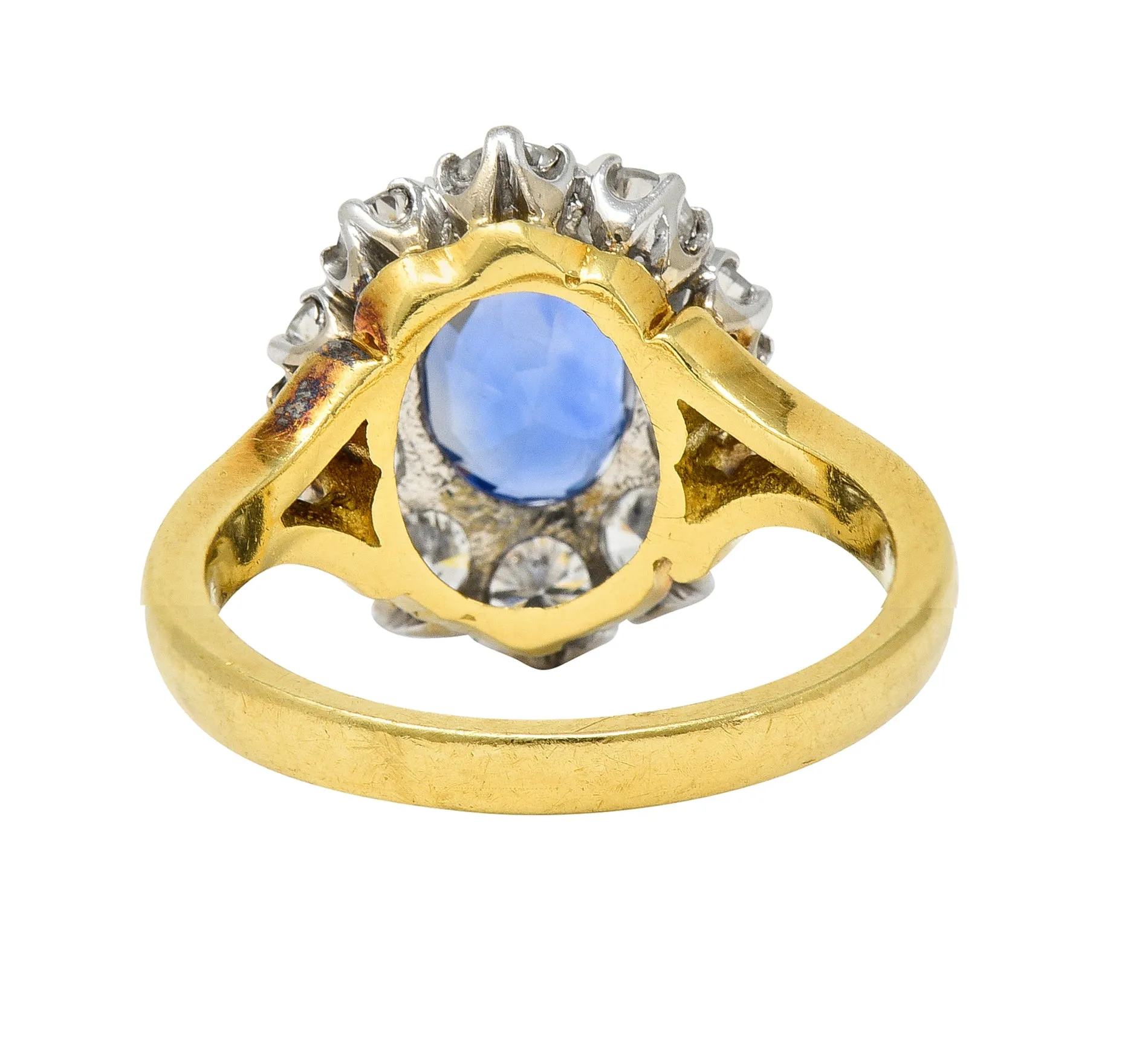 1980's 3.05 CTW Oval Cut No Heat Ceylon Sapphire Diamond 18 Karat Two-Tone Gold Vintage Halo Ring GIA