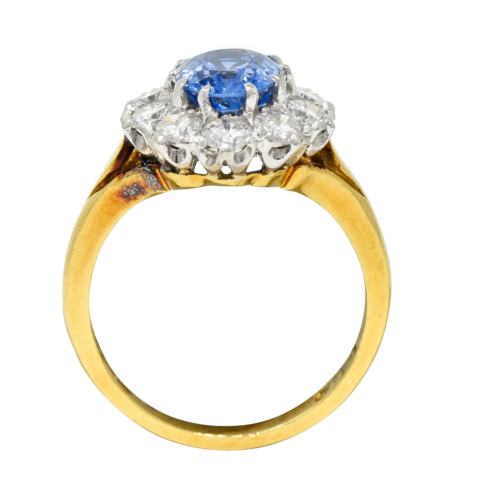 1980's 3.05 CTW Oval Cut No Heat Ceylon Sapphire Diamond 18 Karat Two-Tone Gold Vintage Halo Ring GIA