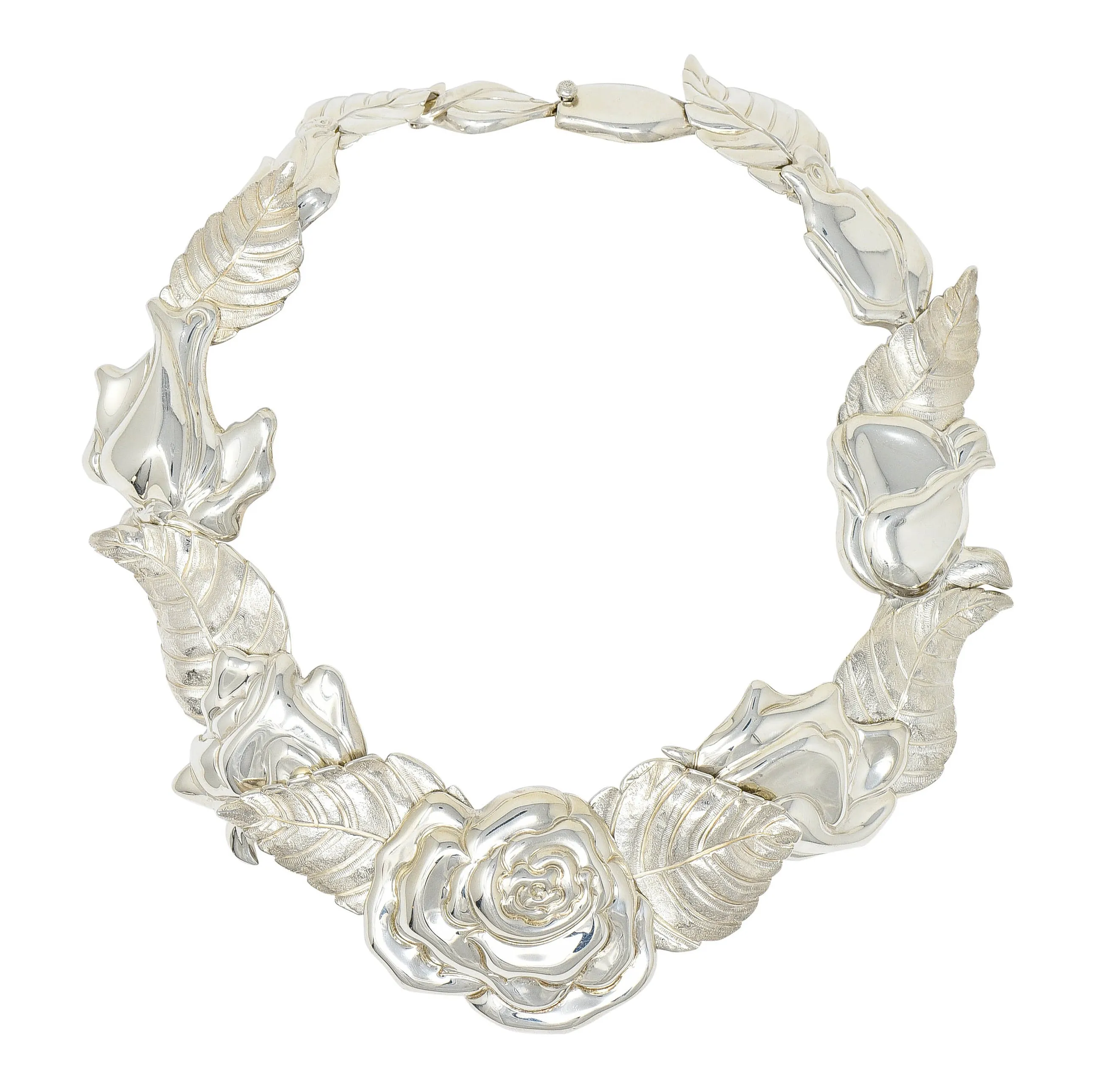 1980's Angela Cummings Tiffany & Co. Sterling Silver Flower Rose Collar Necklace