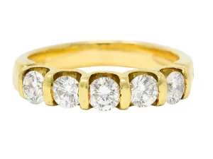 1980's Vintage 1.00 CTW Diamond 18 Karat Gold Bar Set Band Ring
