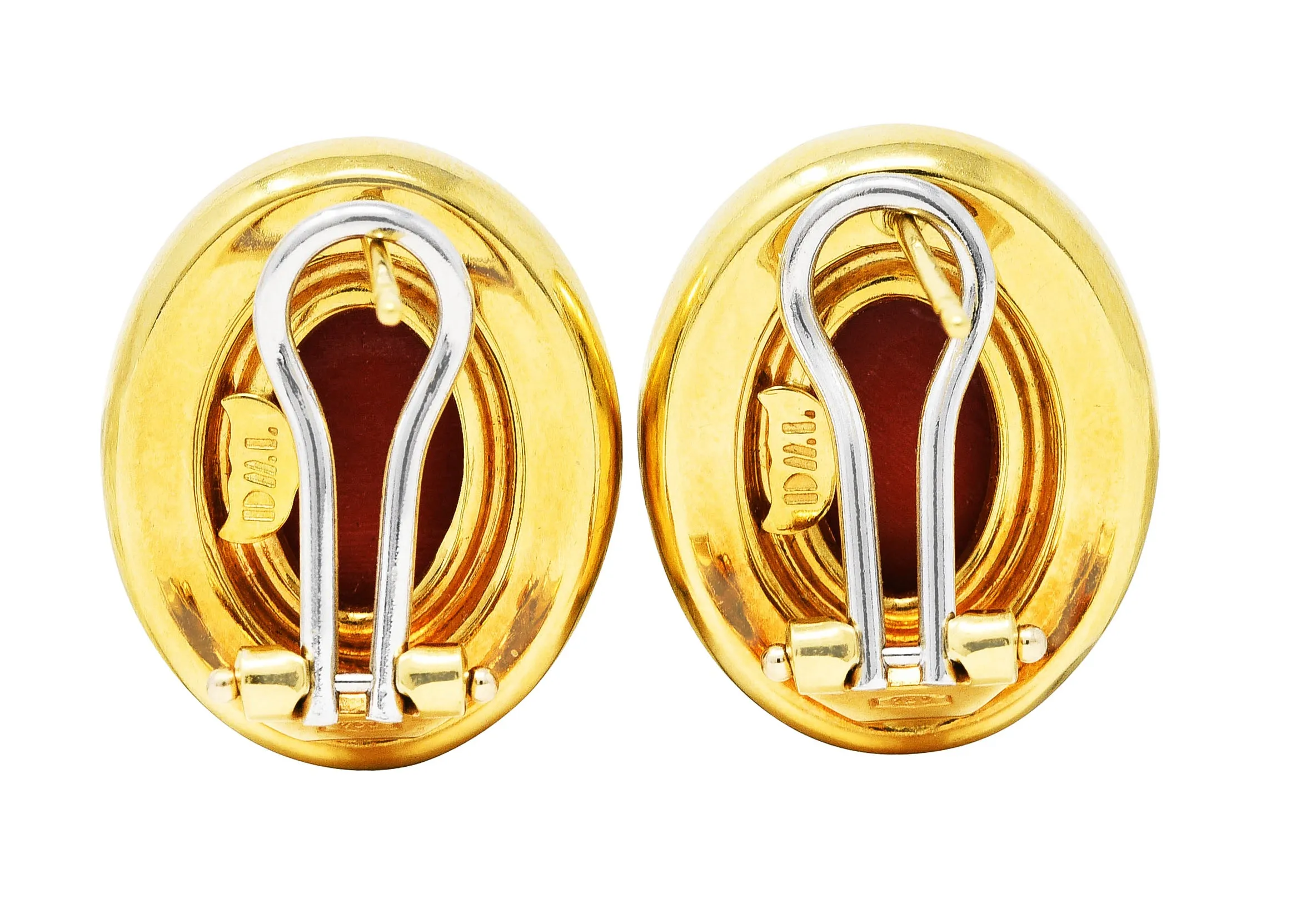 1980's Vintage Italian Red Jasper 18 Karat Yellow Gold Cabochon Earrings
