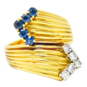 1980's Vintage Sapphire Diamond 18 Karat Gold Bypass Ring
