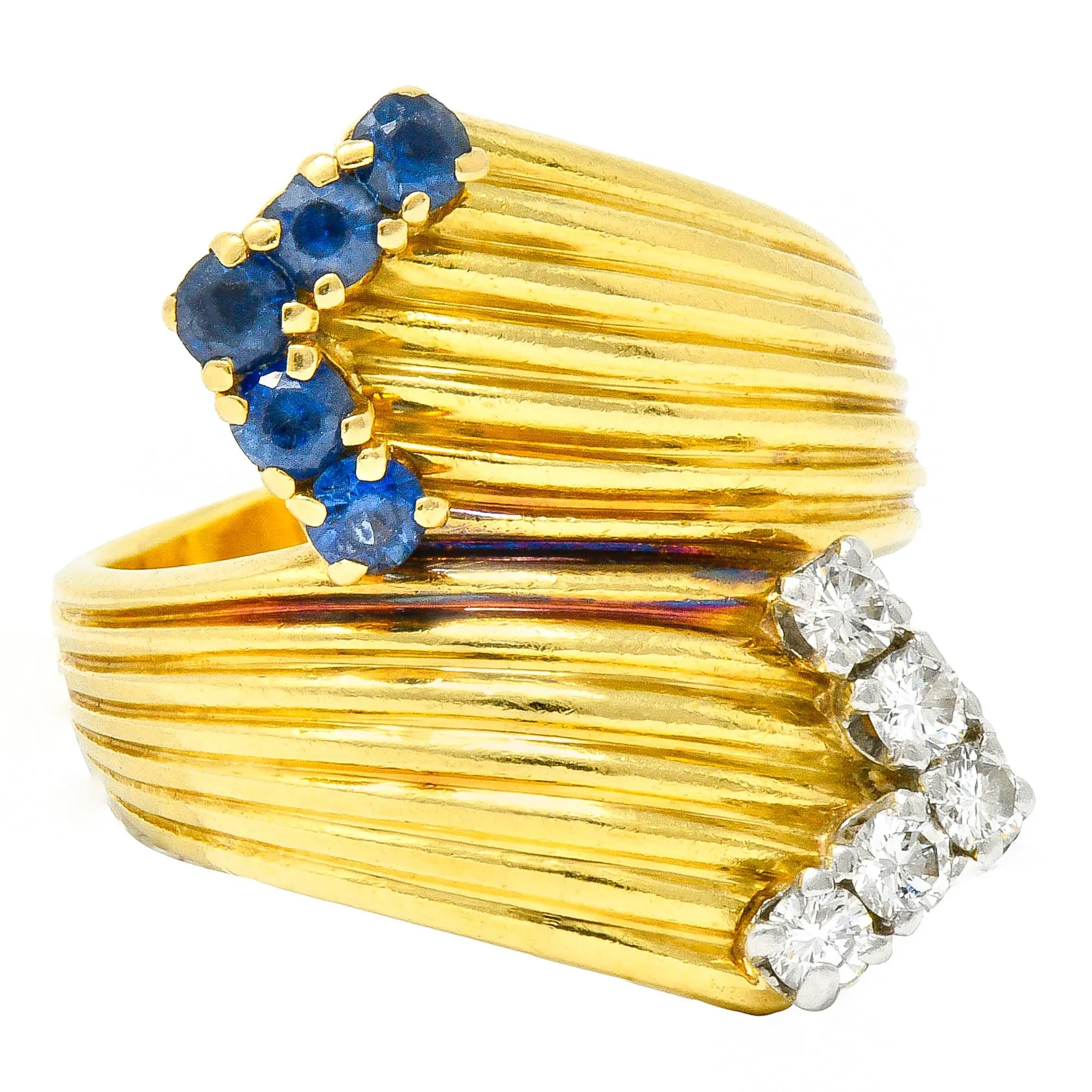 1980's Vintage Sapphire Diamond 18 Karat Gold Bypass Ring