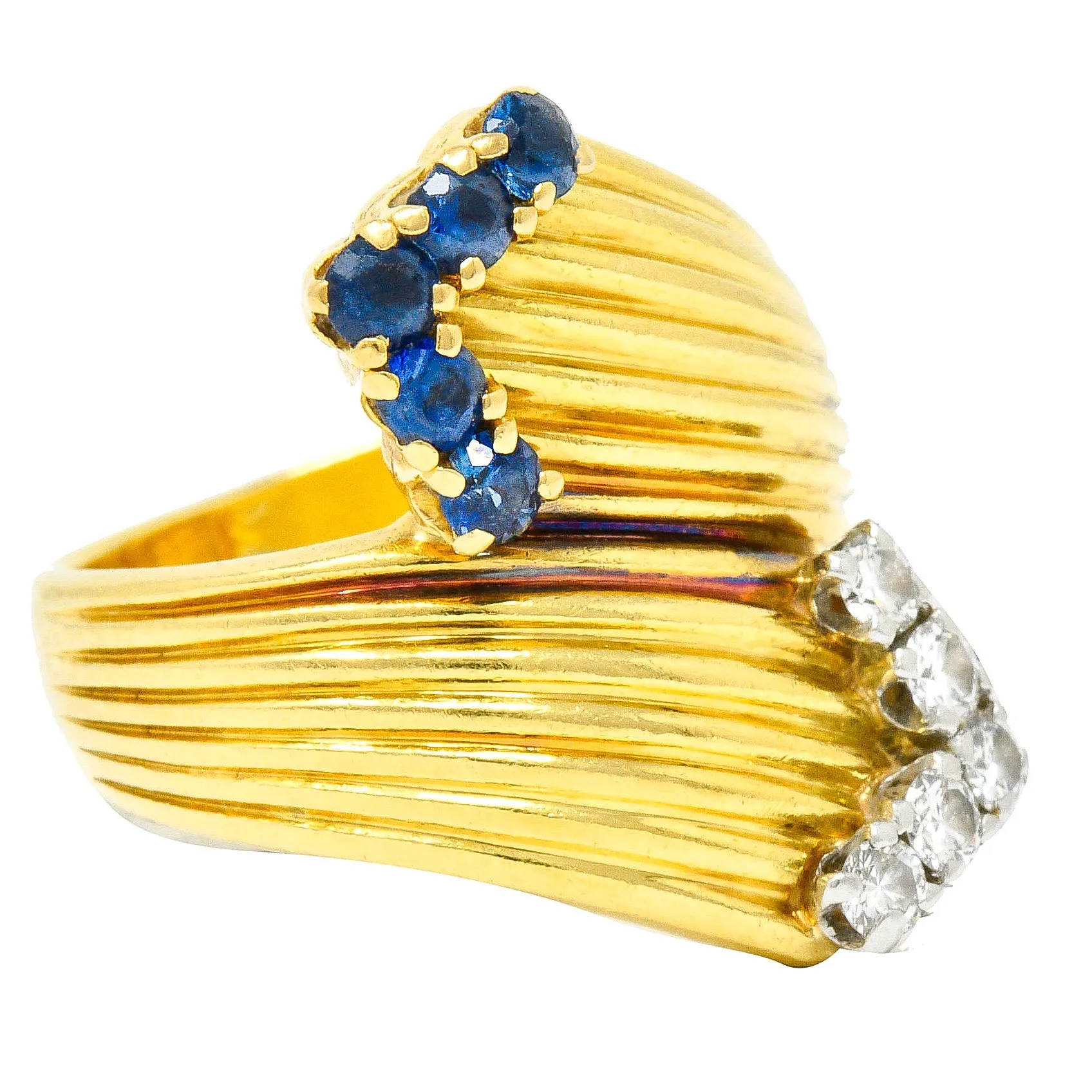 1980's Vintage Sapphire Diamond 18 Karat Gold Bypass Ring