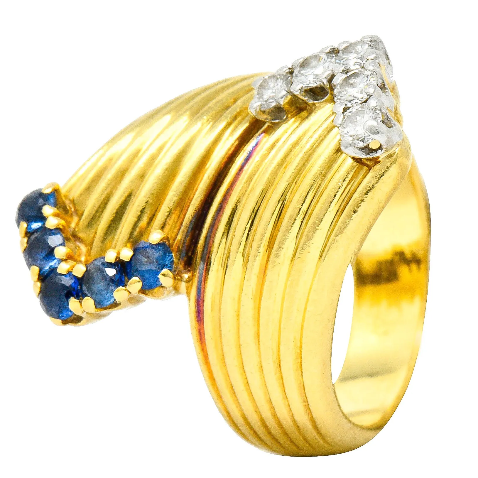 1980's Vintage Sapphire Diamond 18 Karat Gold Bypass Ring
