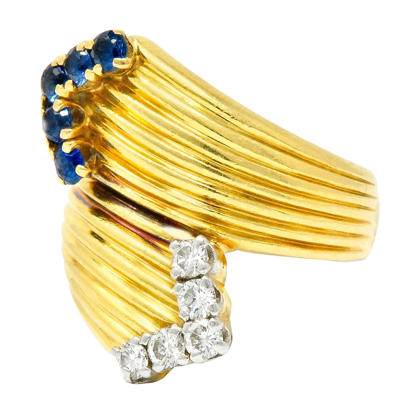 1980's Vintage Sapphire Diamond 18 Karat Gold Bypass Ring