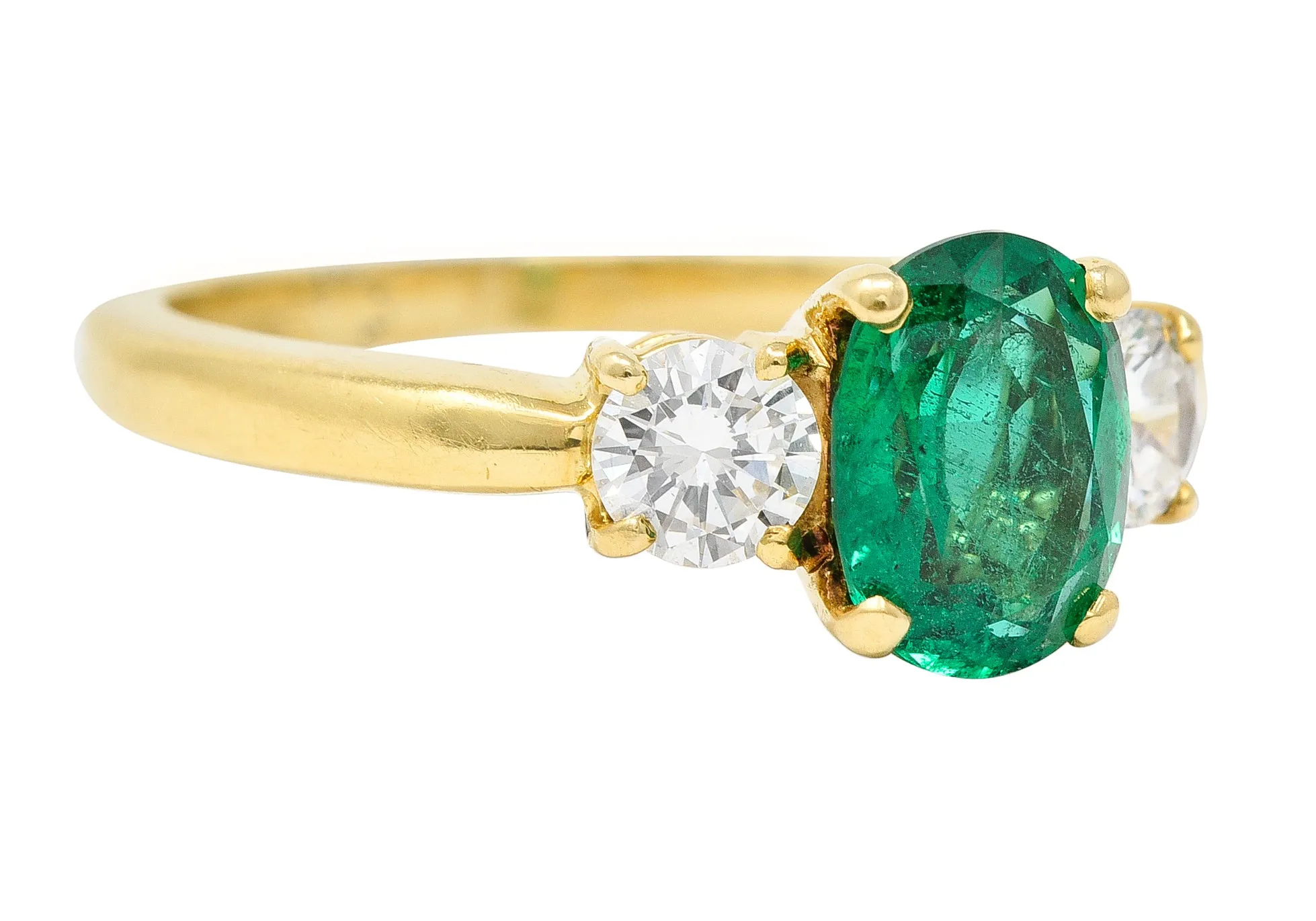 1990's 1.60 CTW Oval Cut Emerald Diamond 18 Karat Yellow Gold Vintage Three Stone GIA