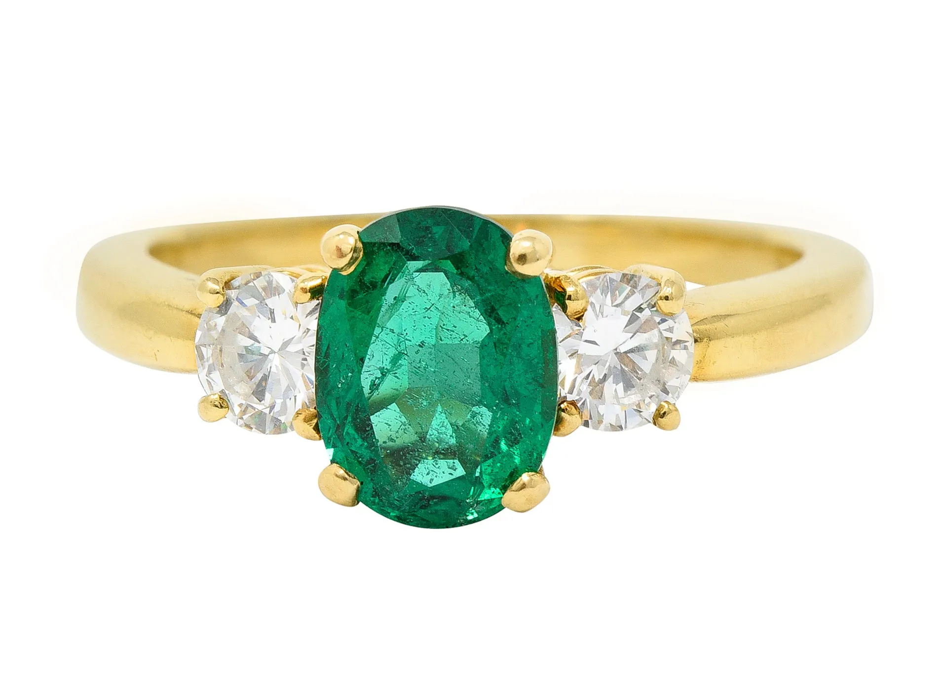 1990's 1.60 CTW Oval Cut Emerald Diamond 18 Karat Yellow Gold Vintage Three Stone GIA
