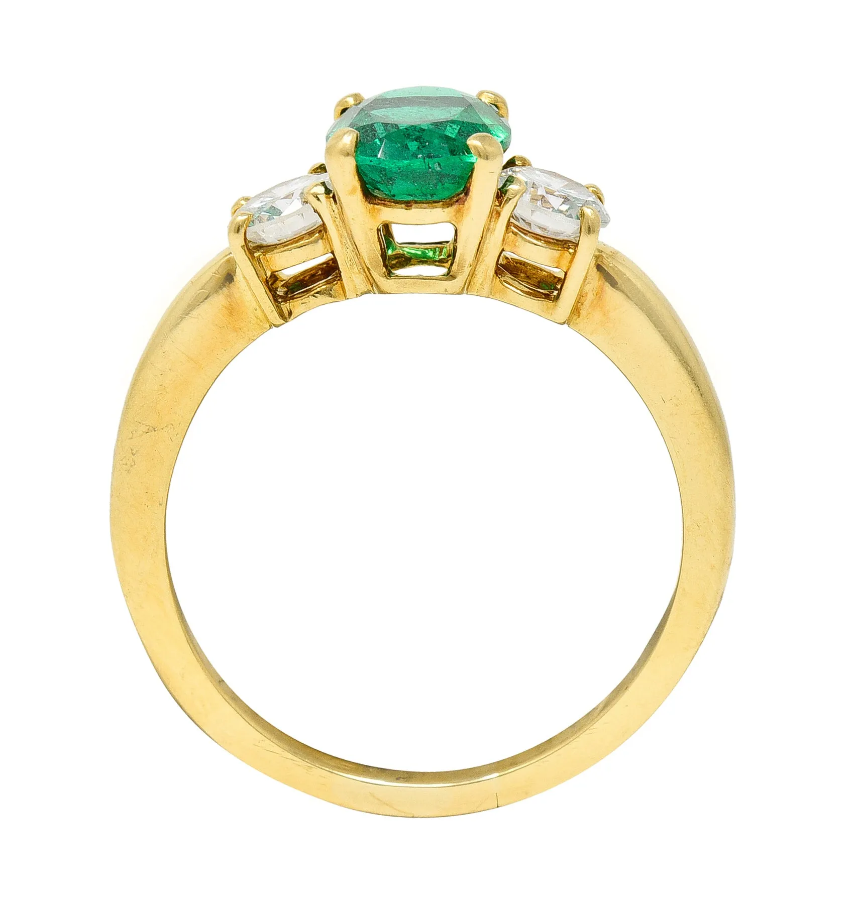 1990's 1.60 CTW Oval Cut Emerald Diamond 18 Karat Yellow Gold Vintage Three Stone GIA