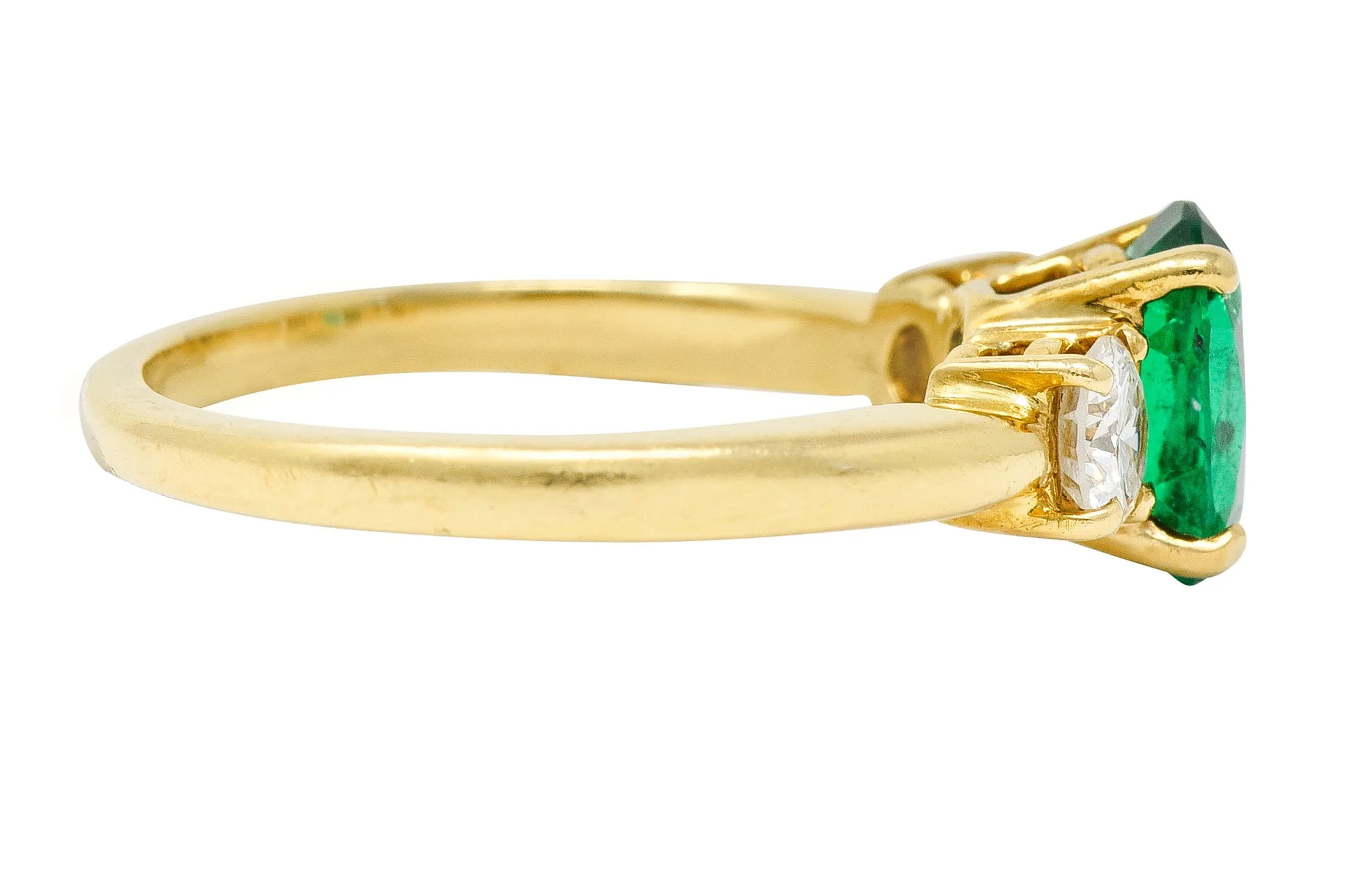 1990's 1.60 CTW Oval Cut Emerald Diamond 18 Karat Yellow Gold Vintage Three Stone GIA