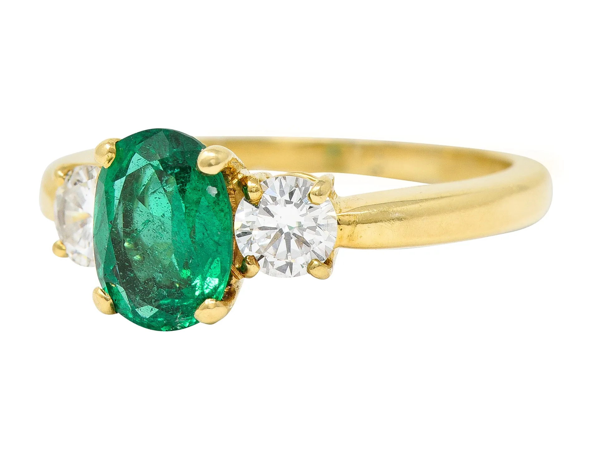 1990's 1.60 CTW Oval Cut Emerald Diamond 18 Karat Yellow Gold Vintage Three Stone GIA
