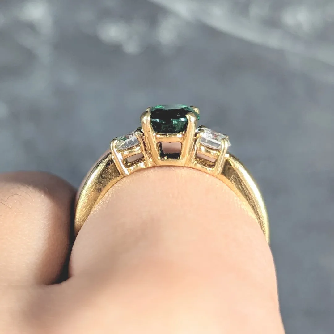 1990's 1.60 CTW Oval Cut Emerald Diamond 18 Karat Yellow Gold Vintage Three Stone GIA