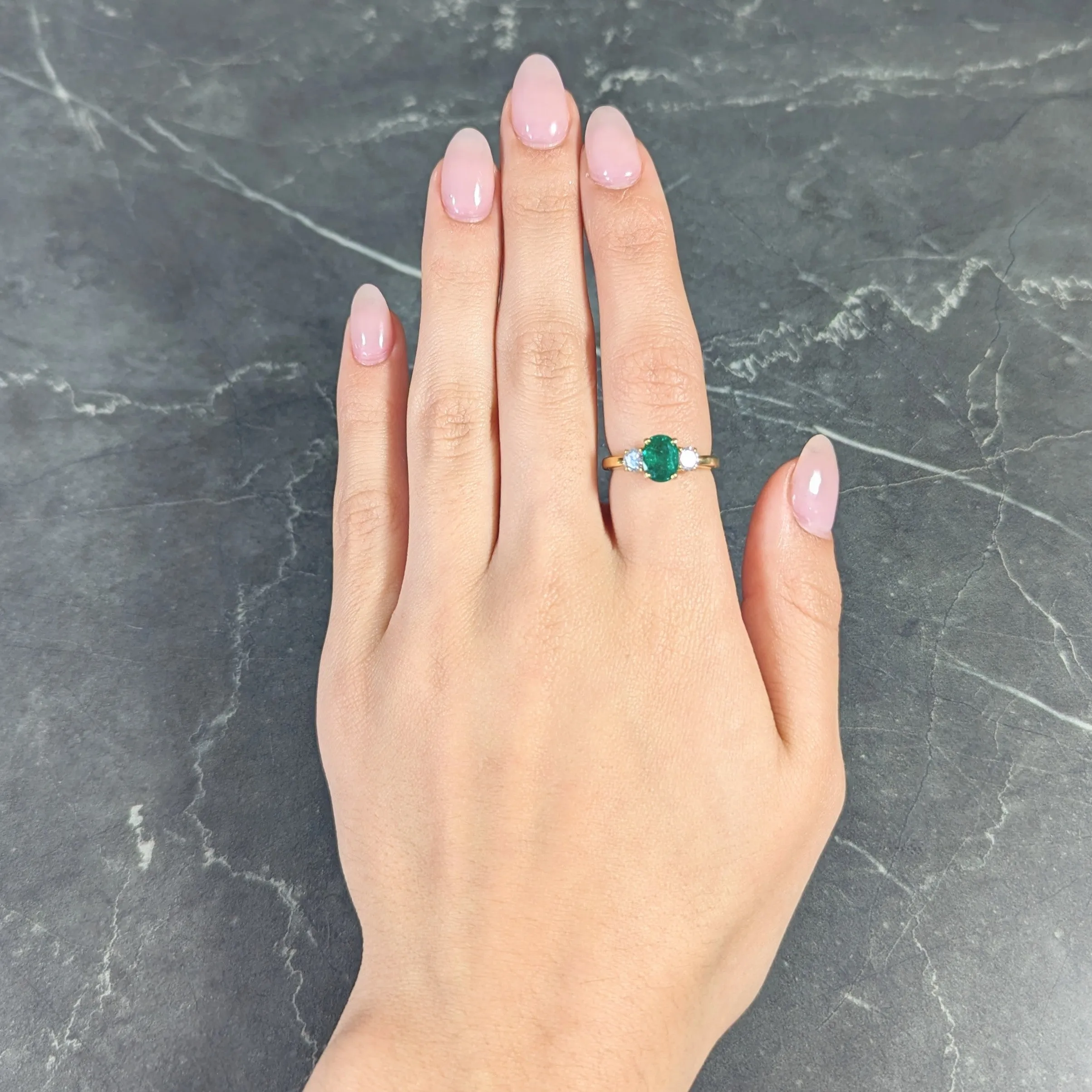 1990's 1.60 CTW Oval Cut Emerald Diamond 18 Karat Yellow Gold Vintage Three Stone GIA