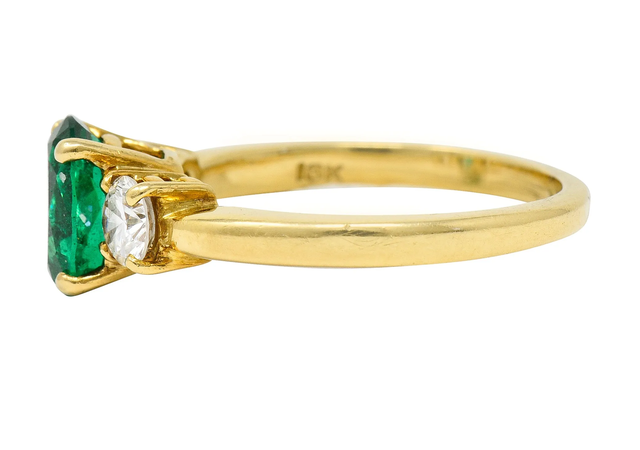 1990's 1.60 CTW Oval Cut Emerald Diamond 18 Karat Yellow Gold Vintage Three Stone GIA