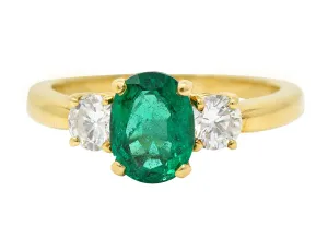 1990's 1.60 CTW Oval Cut Emerald Diamond 18 Karat Yellow Gold Vintage Three Stone GIA