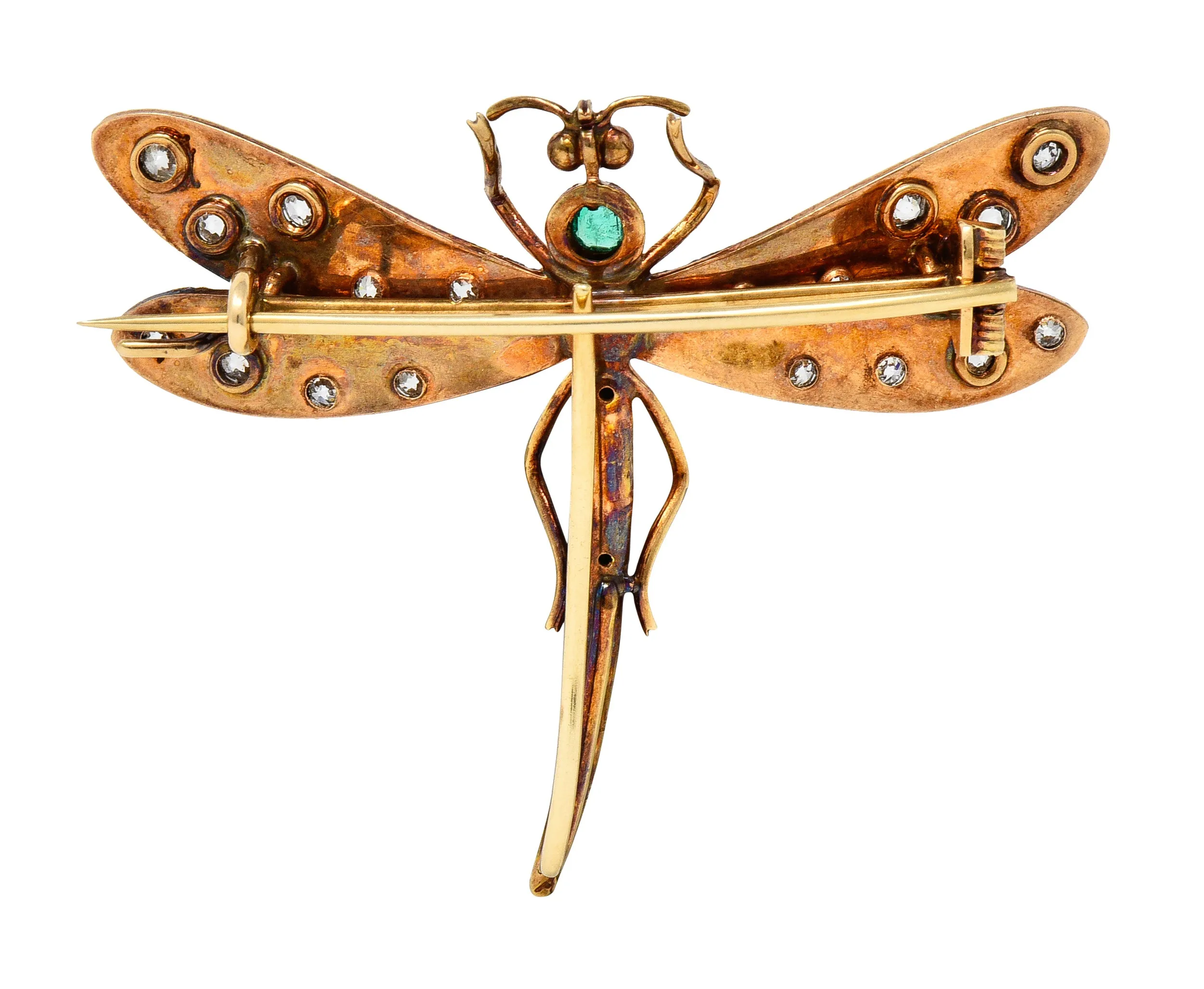 A.J Hedges & Co. Art Nouveau Emerald Diamond 14 Karat Yellow Gold Dragonfly Antique Brooch