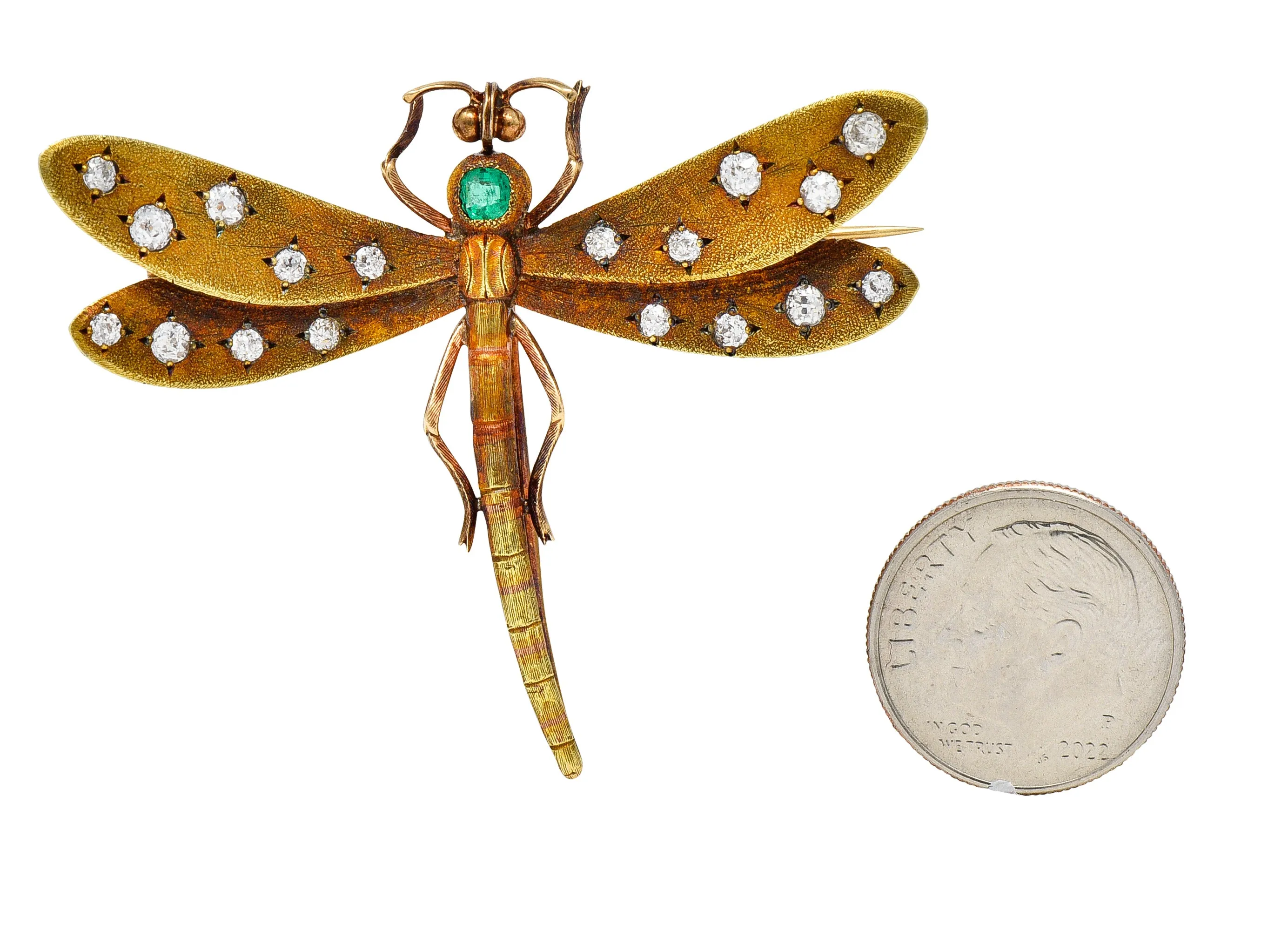 A.J Hedges & Co. Art Nouveau Emerald Diamond 14 Karat Yellow Gold Dragonfly Antique Brooch