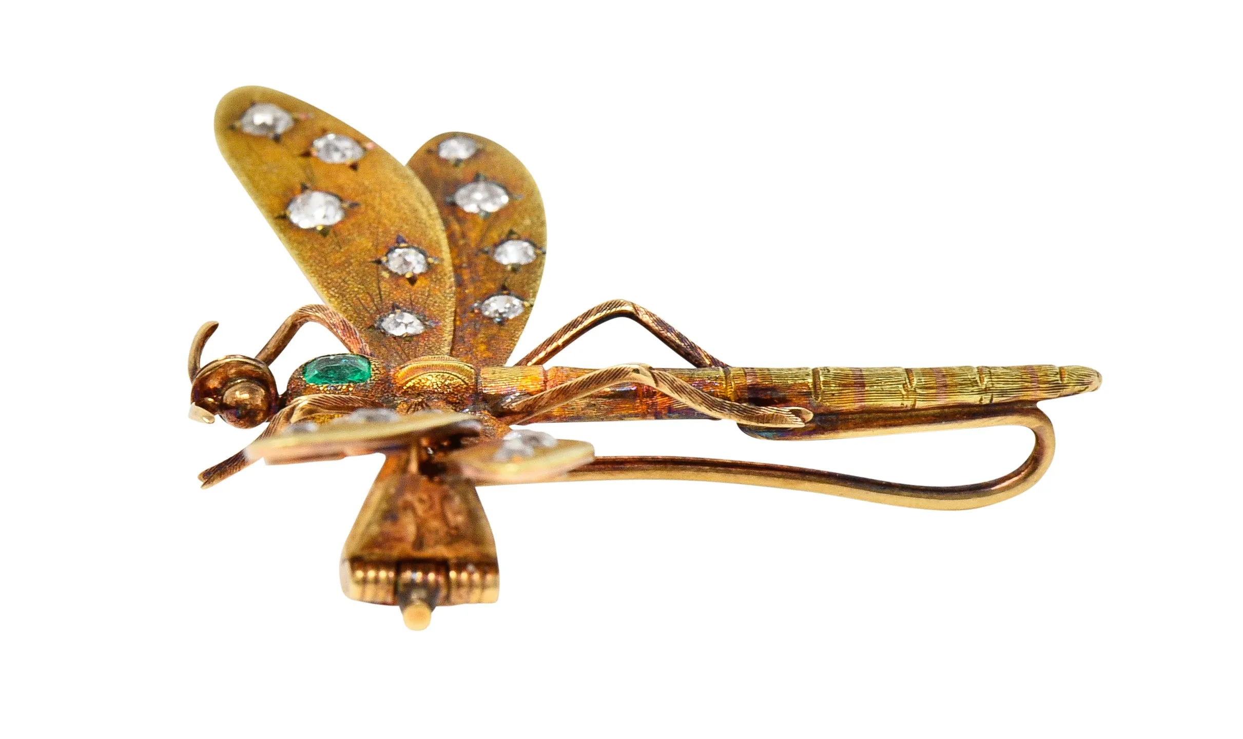 A.J Hedges & Co. Art Nouveau Emerald Diamond 14 Karat Yellow Gold Dragonfly Antique Brooch