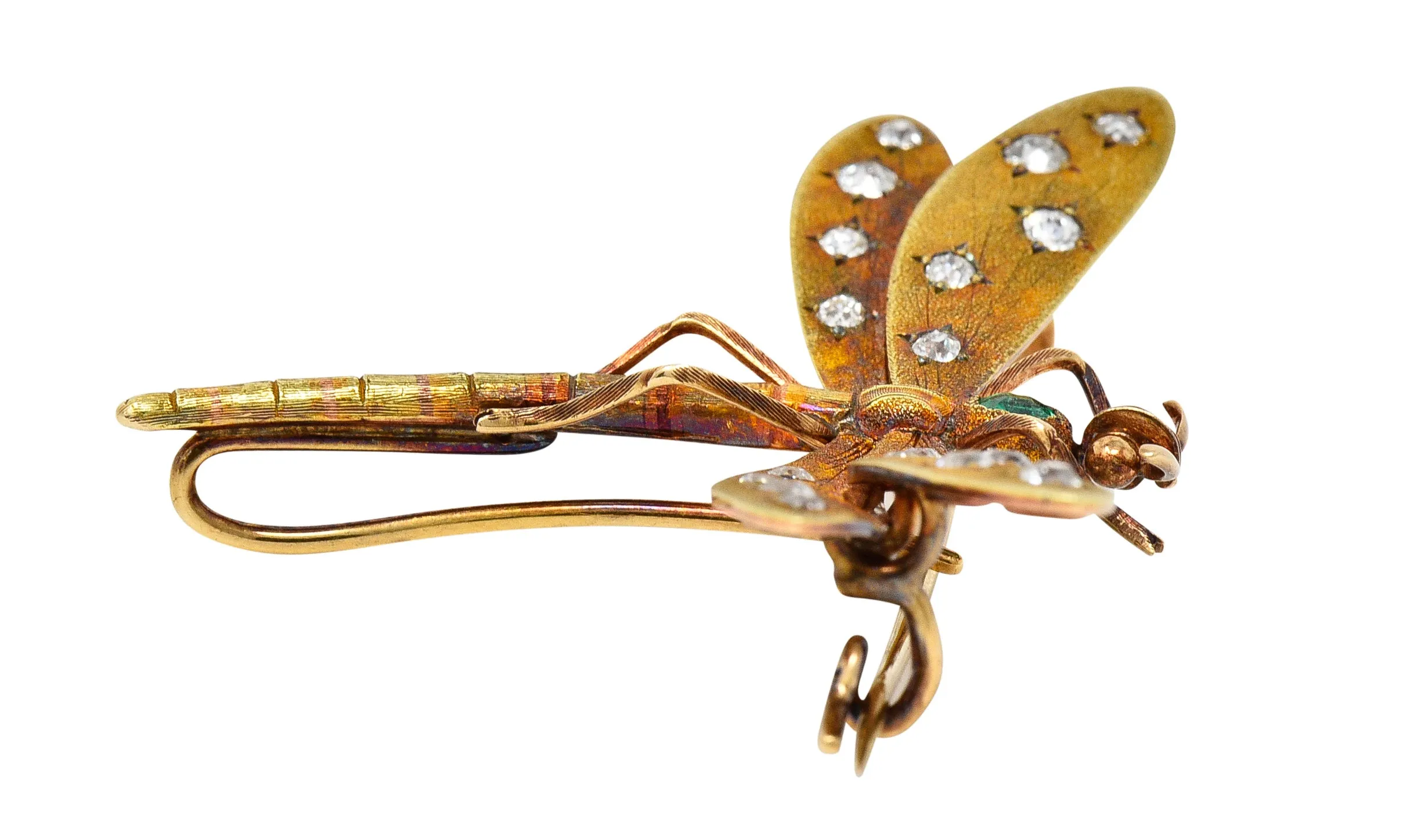 A.J Hedges & Co. Art Nouveau Emerald Diamond 14 Karat Yellow Gold Dragonfly Antique Brooch