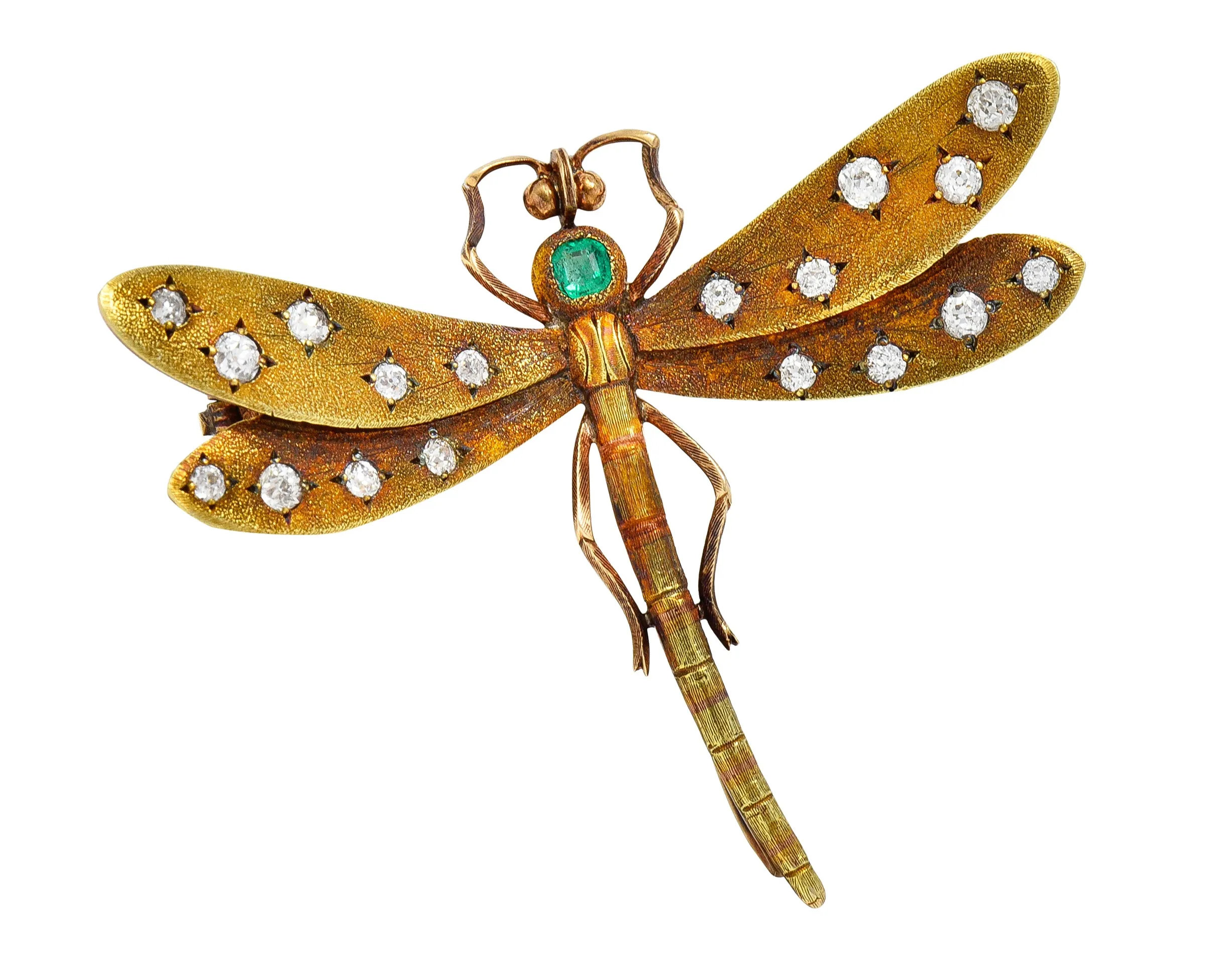 A.J Hedges & Co. Art Nouveau Emerald Diamond 14 Karat Yellow Gold Dragonfly Antique Brooch
