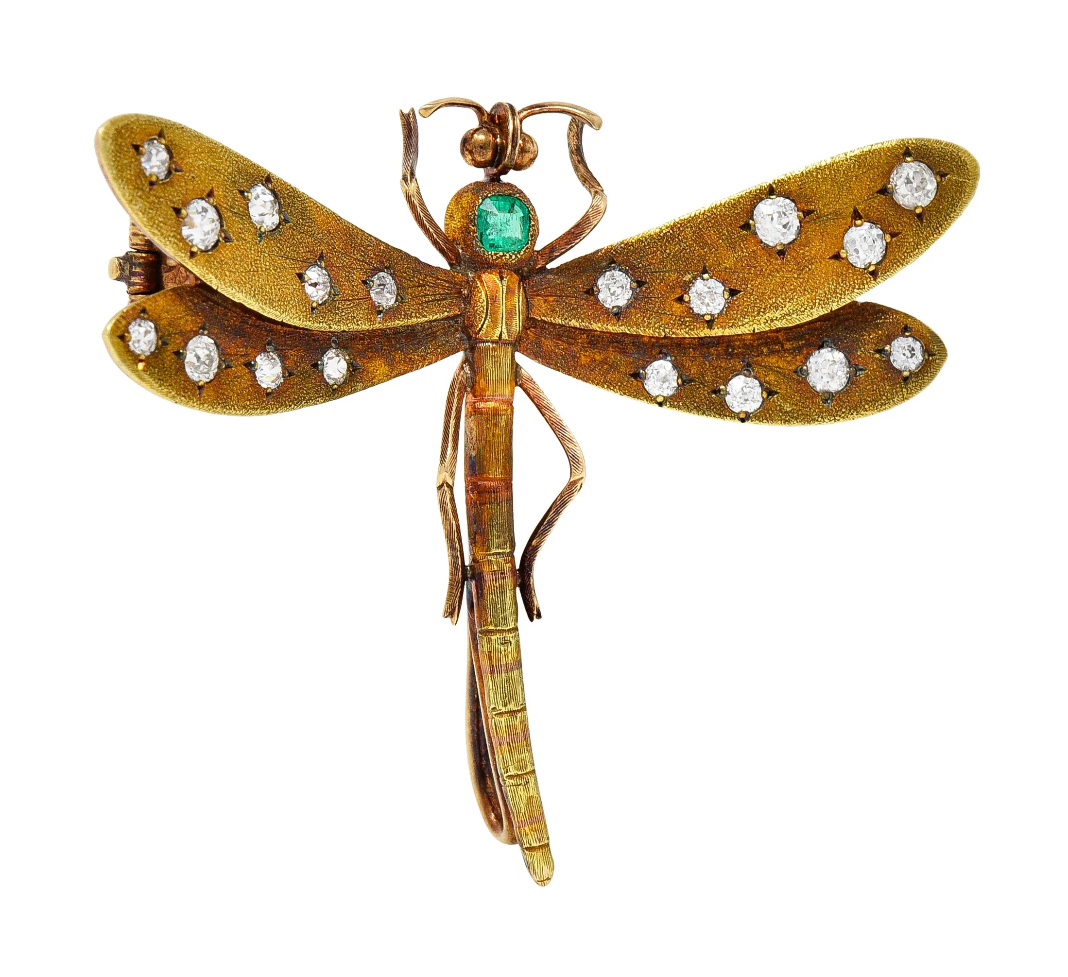 A.J Hedges & Co. Art Nouveau Emerald Diamond 14 Karat Yellow Gold Dragonfly Antique Brooch