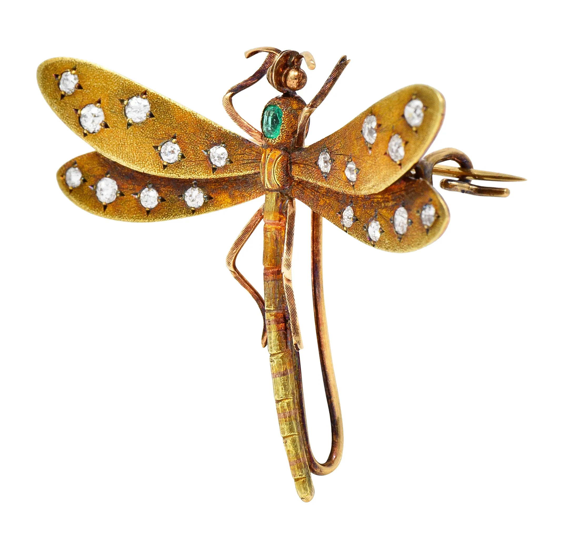 A.J Hedges & Co. Art Nouveau Emerald Diamond 14 Karat Yellow Gold Dragonfly Antique Brooch