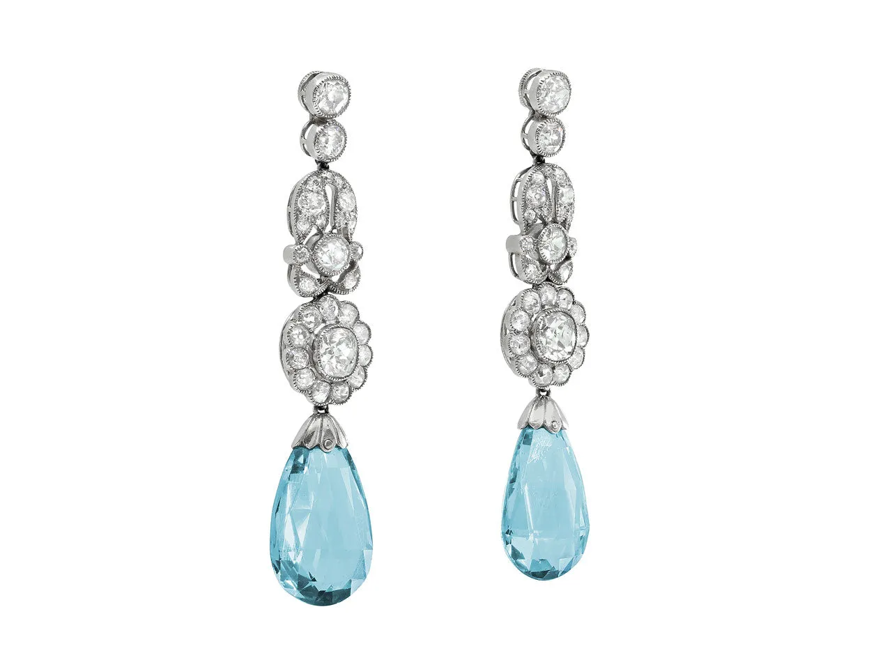 Antique Belle Epoque Diamond and Aquamarine Earrings in Platinum