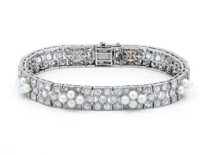 Antique Edwardian Diamond and Natural Pearl Bracelet in Platinum