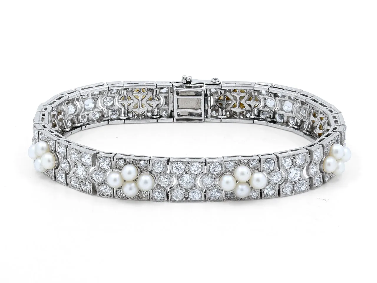 Antique Edwardian Diamond and Natural Pearl Bracelet in Platinum