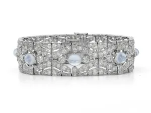 Antique Edwardian Moonstone and Diamond Bracelet in Platinum, French