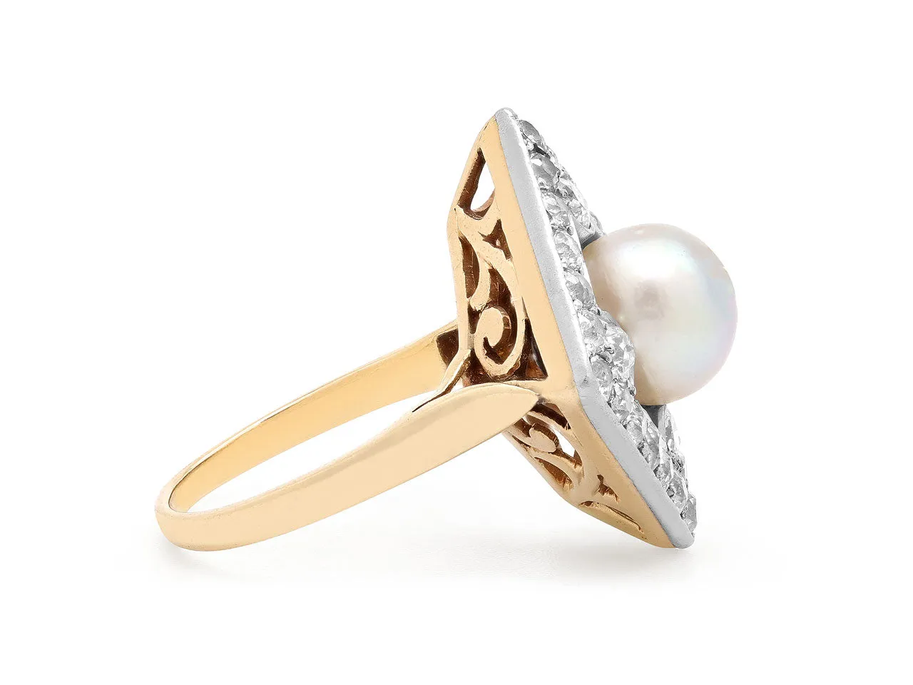 Antique Edwardian Natural Pearl and Diamond Ring in 14K Gold and Platinum