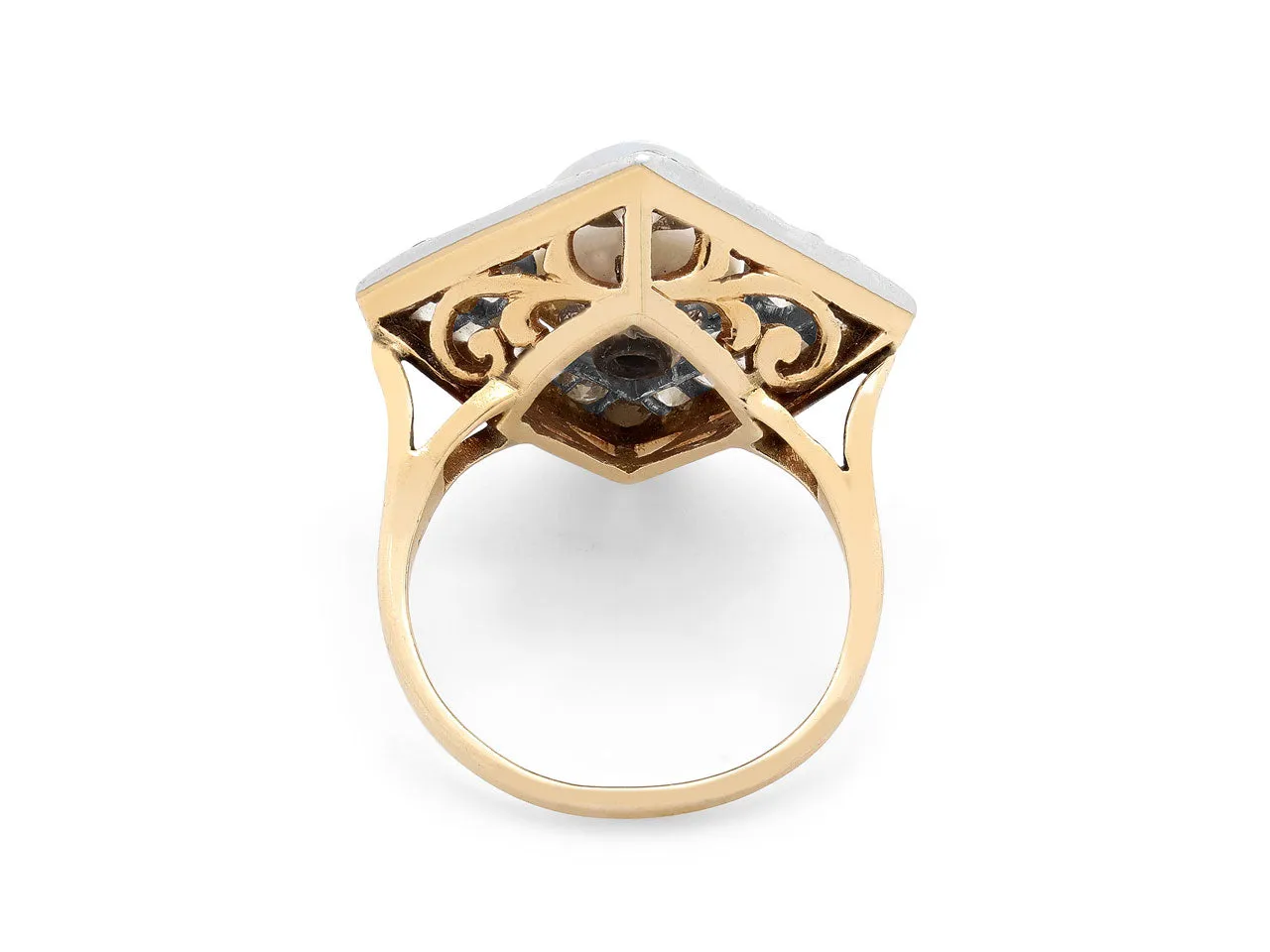 Antique Edwardian Natural Pearl and Diamond Ring in 14K Gold and Platinum