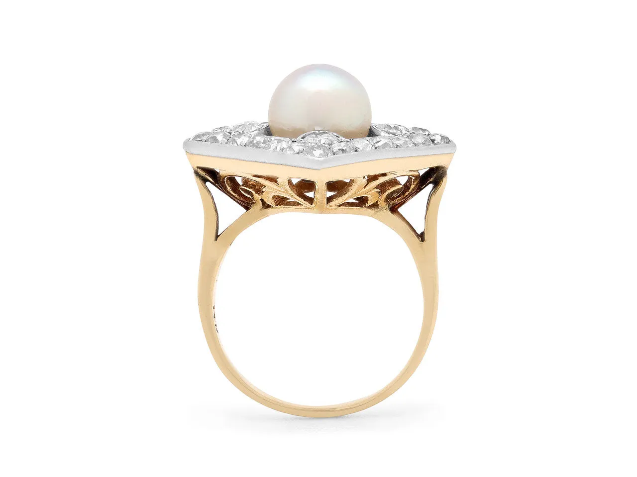 Antique Edwardian Natural Pearl and Diamond Ring in 14K Gold and Platinum