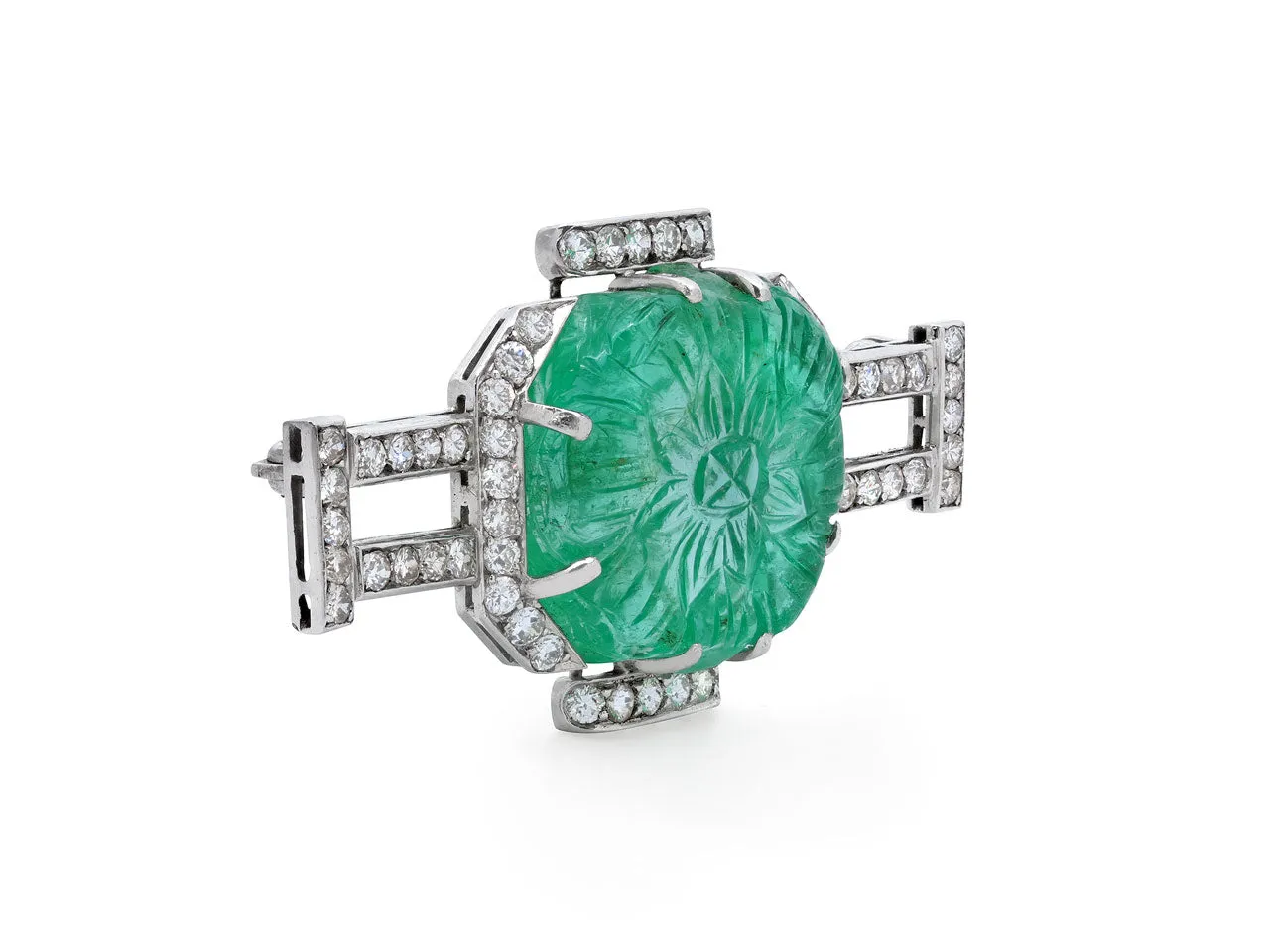 Art Deco Carved Emerald and Diamond Brooch in Platinum