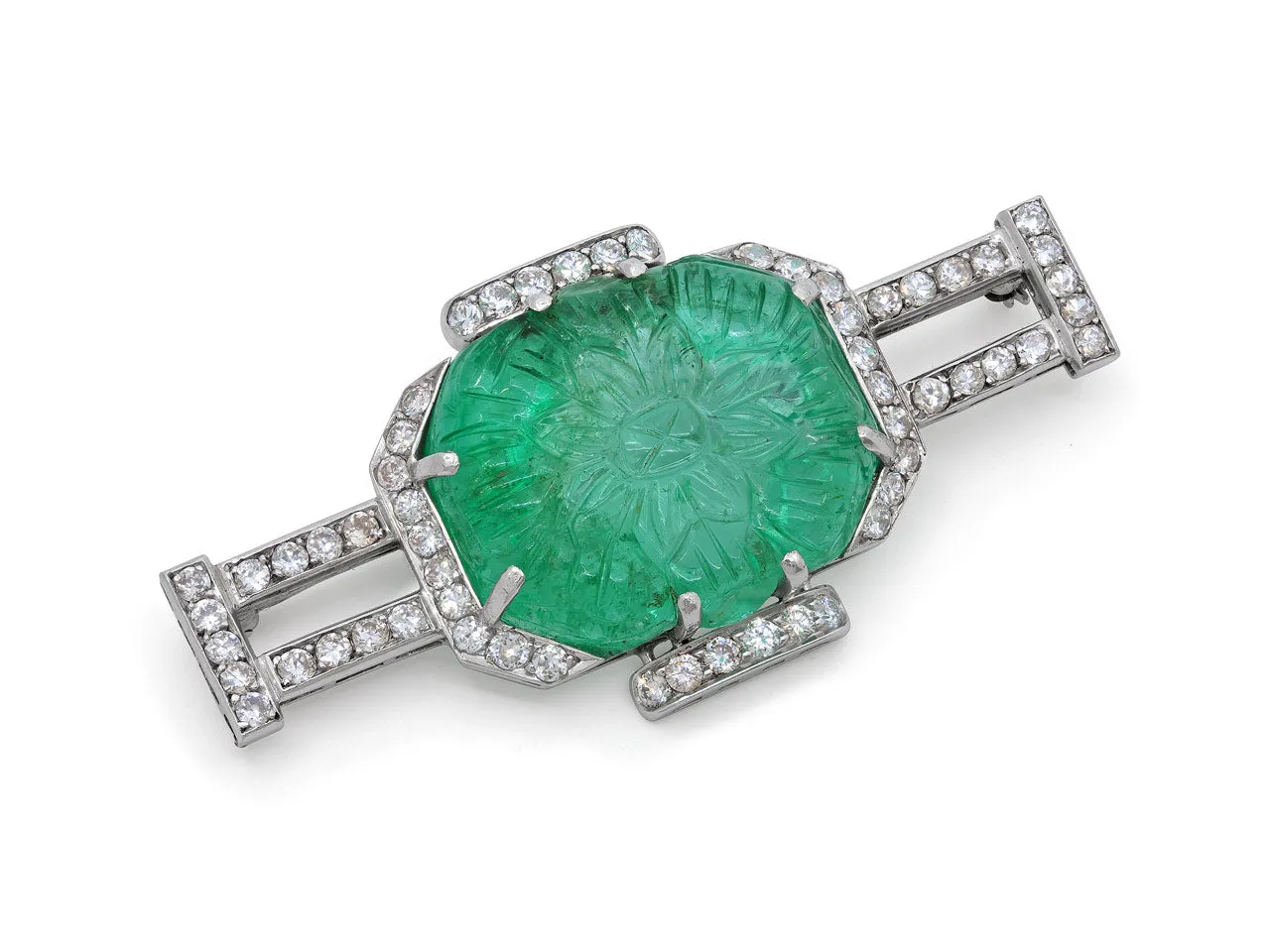 Art Deco Carved Emerald and Diamond Brooch in Platinum