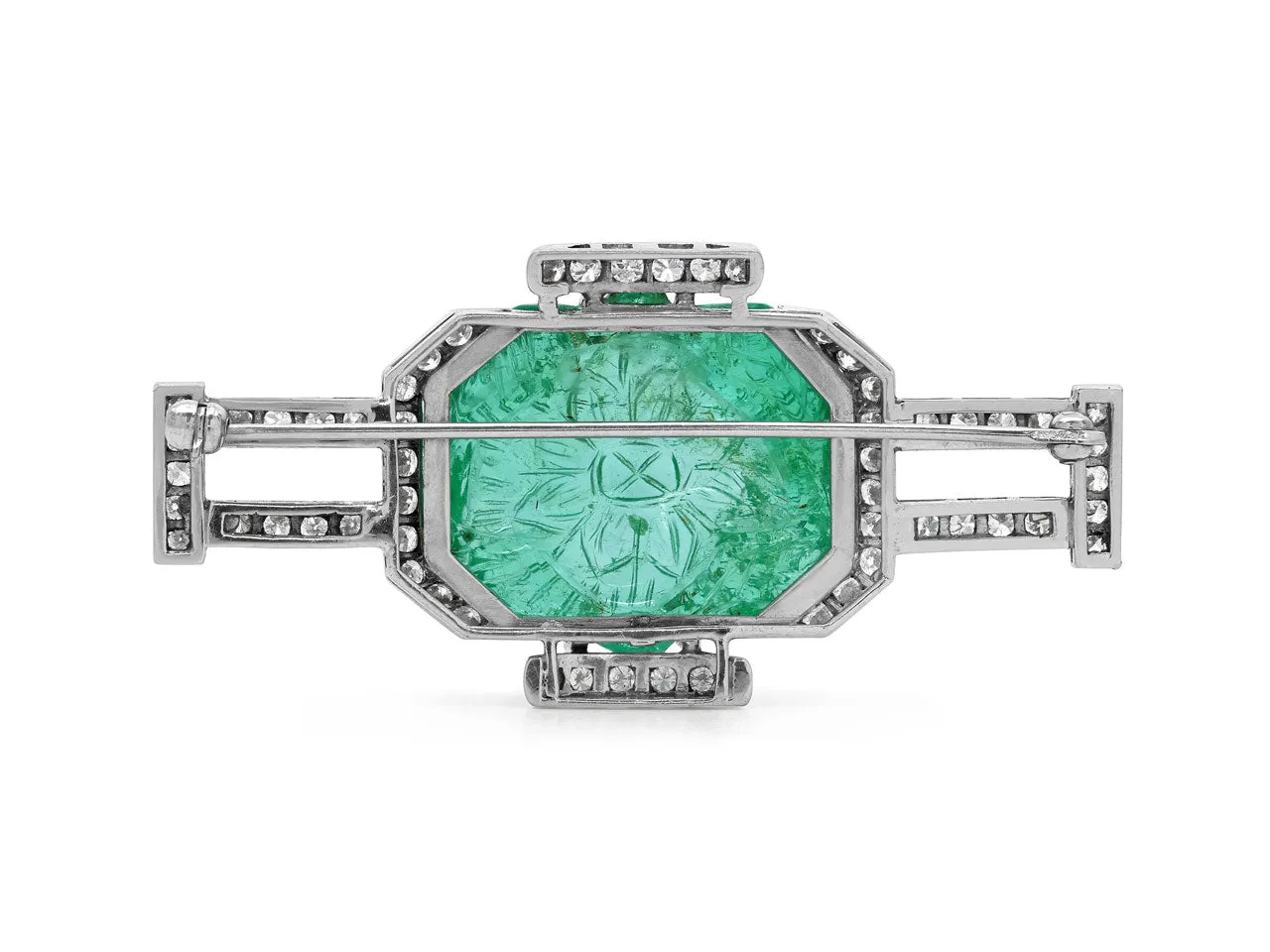 Art Deco Carved Emerald and Diamond Brooch in Platinum
