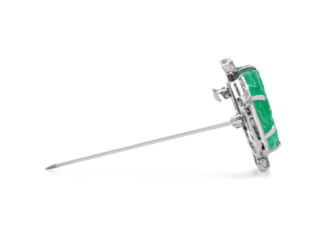 Art Deco Carved Emerald and Diamond Brooch in Platinum