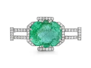 Art Deco Carved Emerald and Diamond Brooch in Platinum