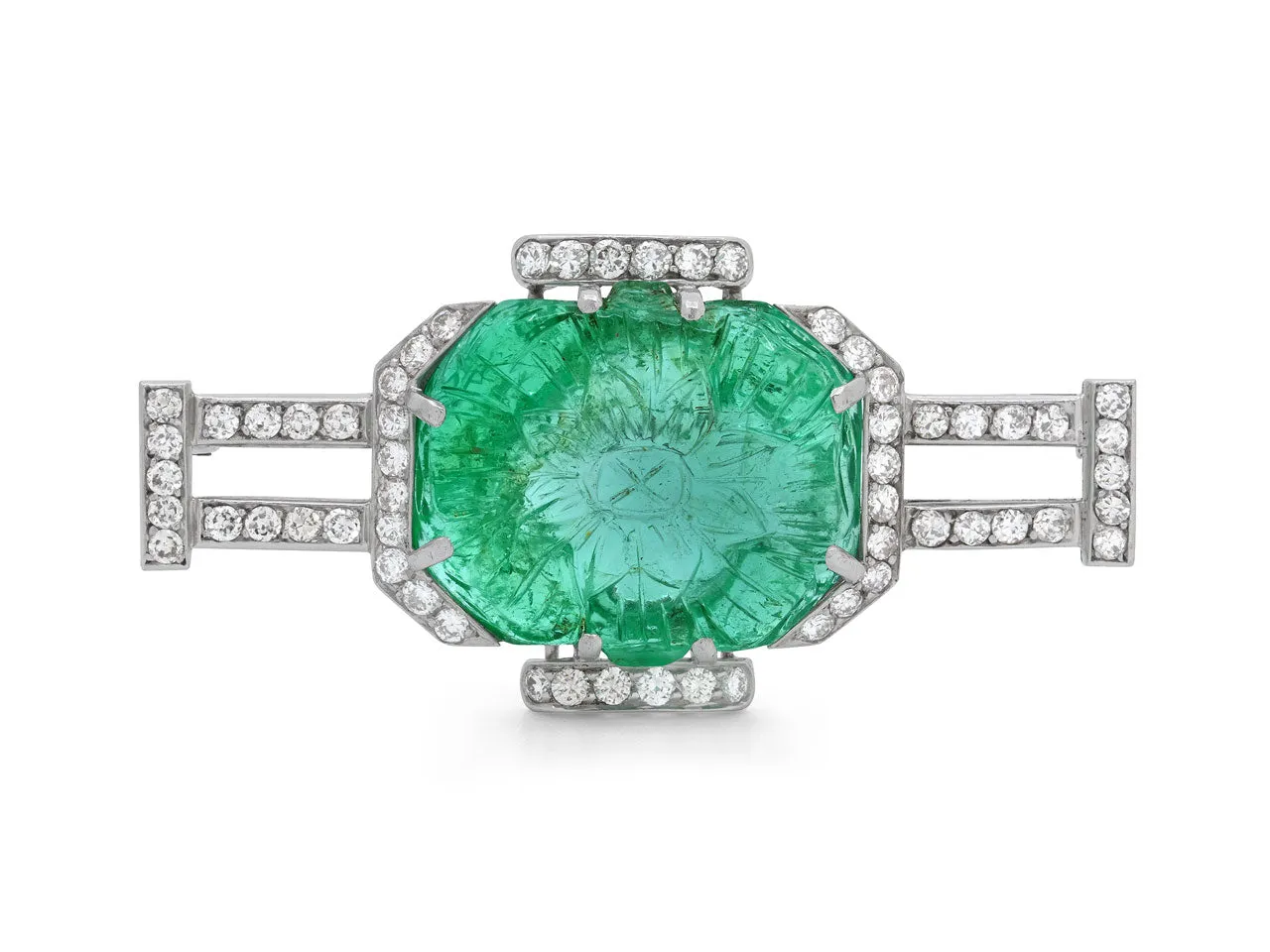 Art Deco Carved Emerald and Diamond Brooch in Platinum