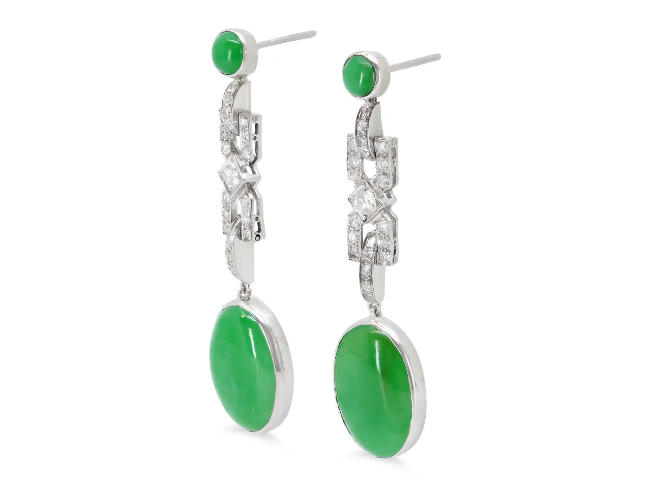 Art Deco Diamond and Jade Earrings in Platinum