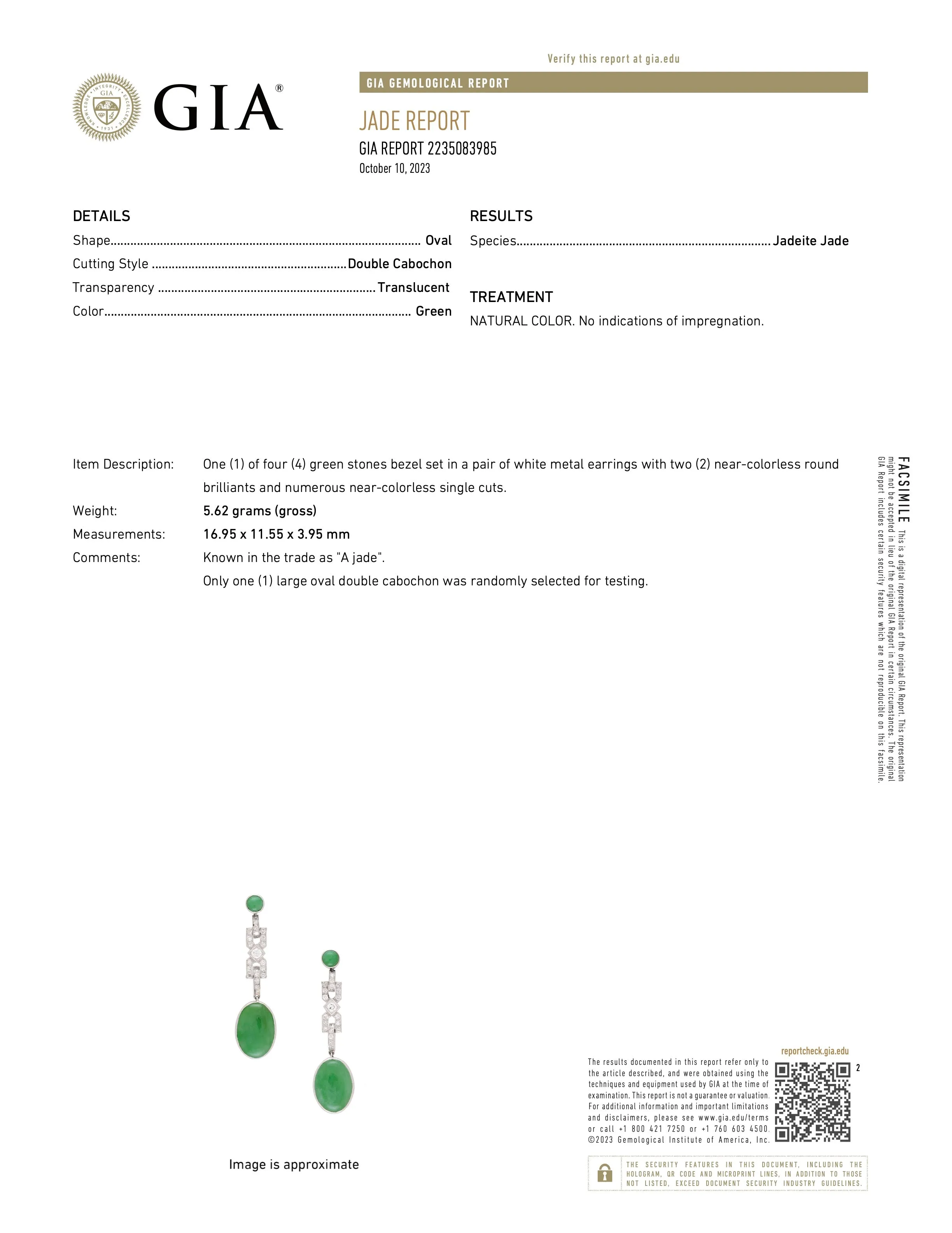 Art Deco Diamond and Jade Earrings in Platinum
