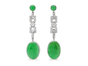 Art Deco Diamond and Jade Earrings in Platinum