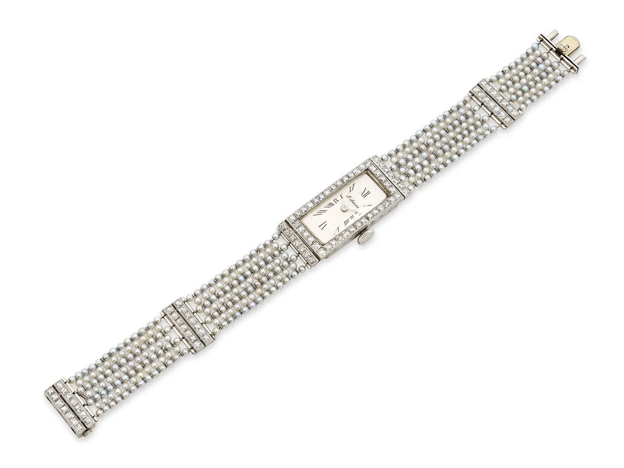 Art Deco Diamond and Natural Seed Pearl Watch in Platinum